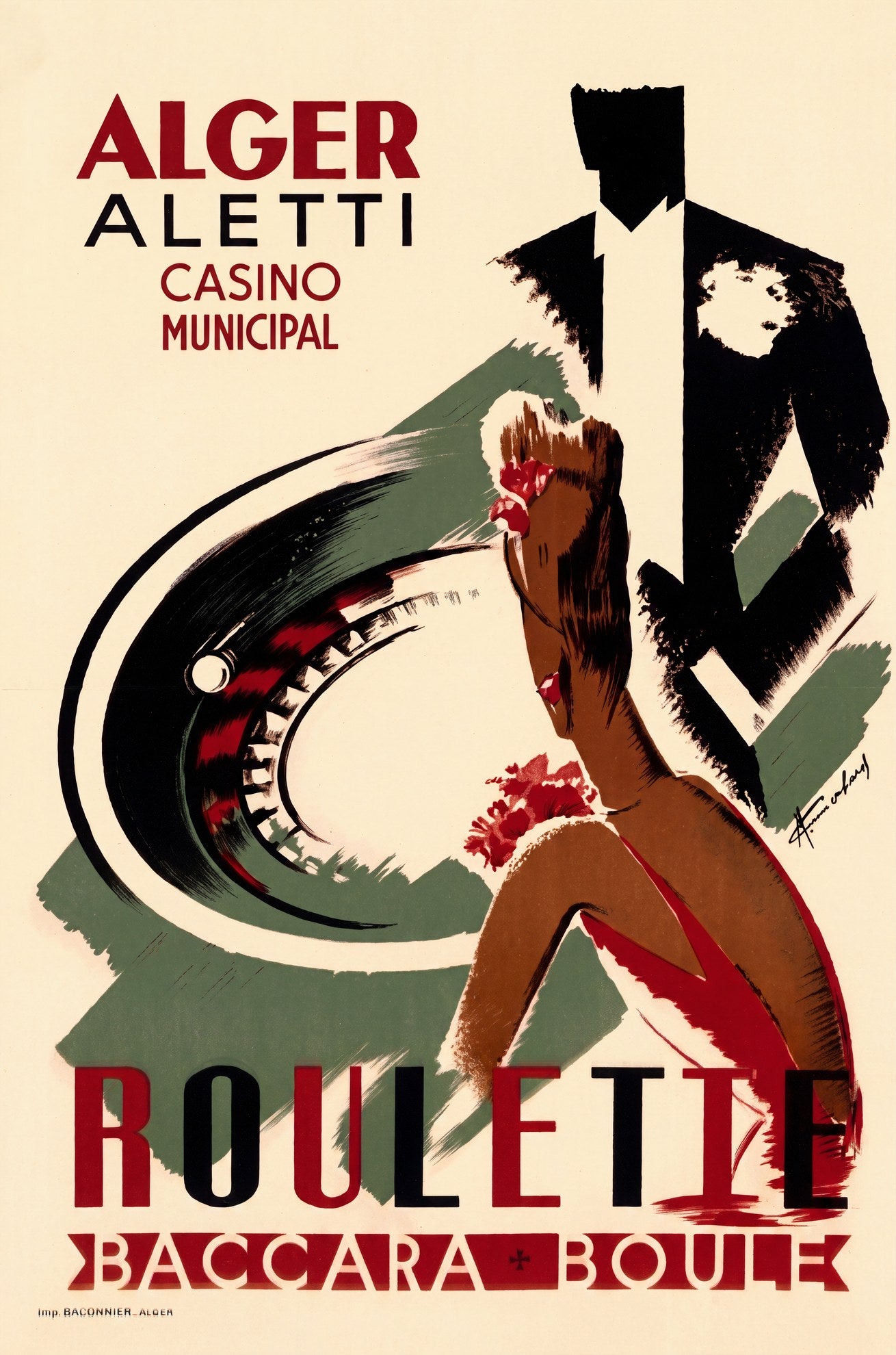 1930 Aletti Casino Municipal Algiers poster, roulette wheel in black brushwork, crimson lettering, M. Cochard | The Vintage Poster Archives