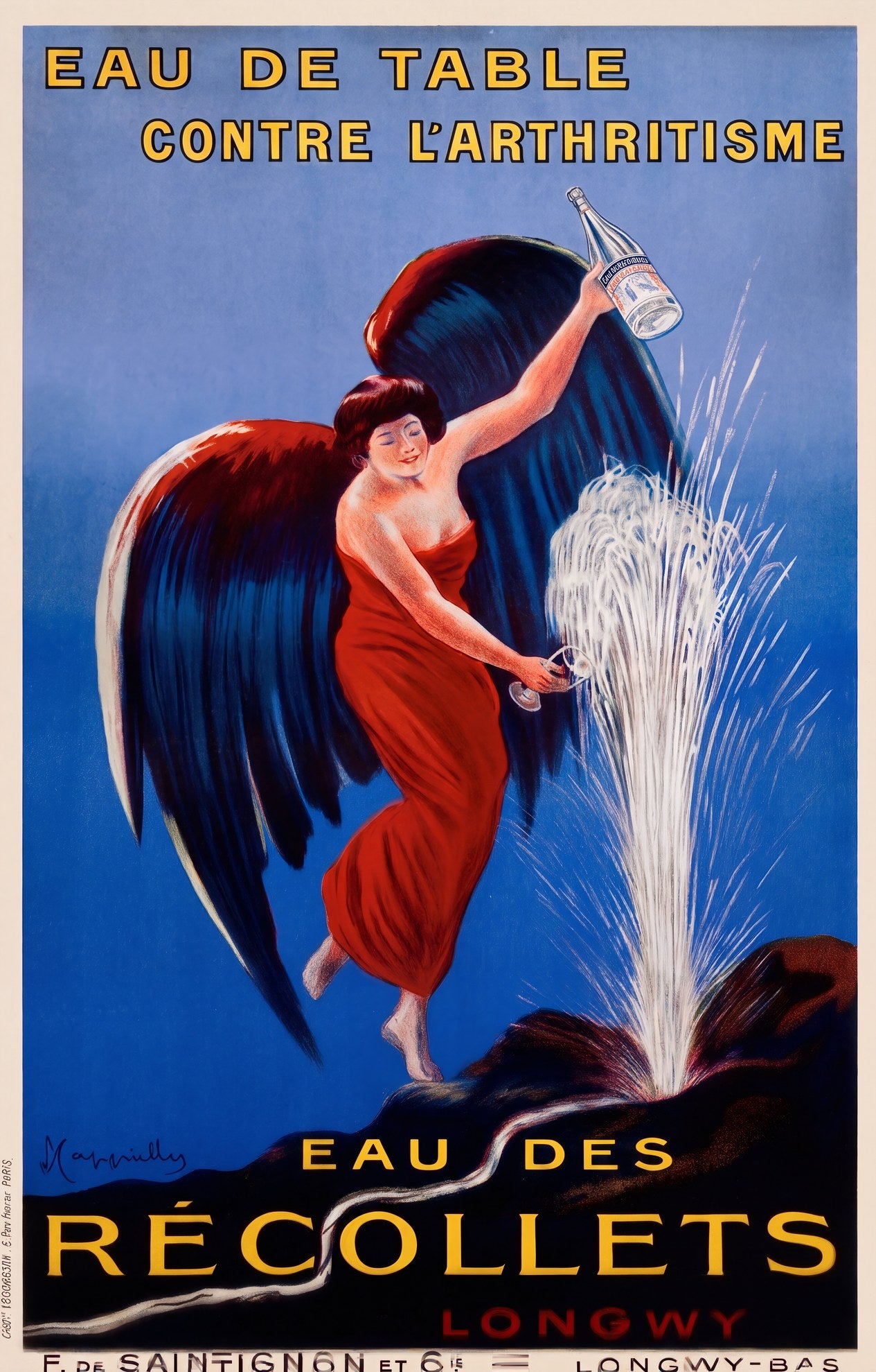 1912 Cappiello Eau des Récollets Longwy poster, winged woman in red gown pours mineral water, cobalt blue ground | The Vintage Poster Archives