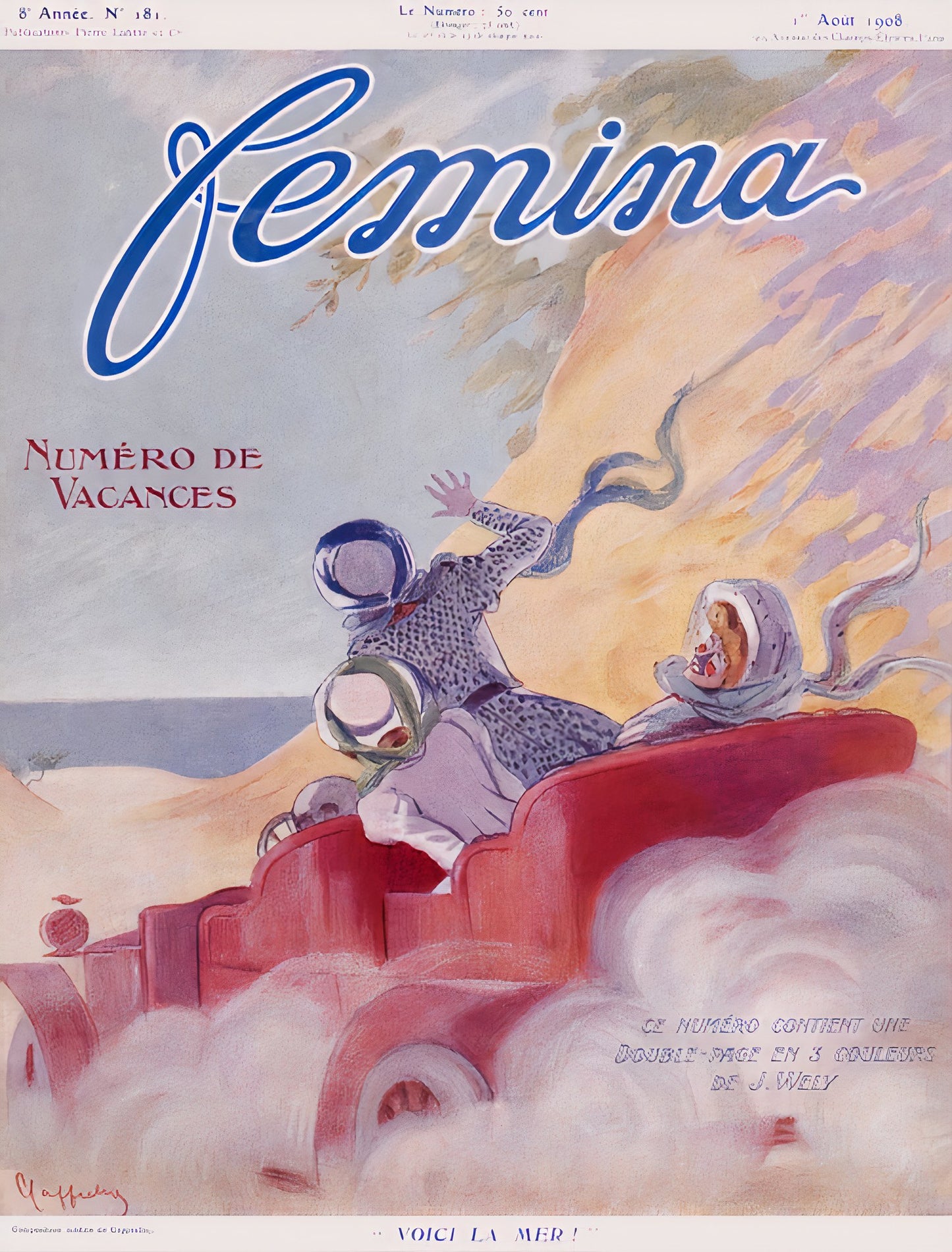 1908 Femina magazine cover by Leonetto Cappiello showing three women in coral automobile on mountain road, vacation theme