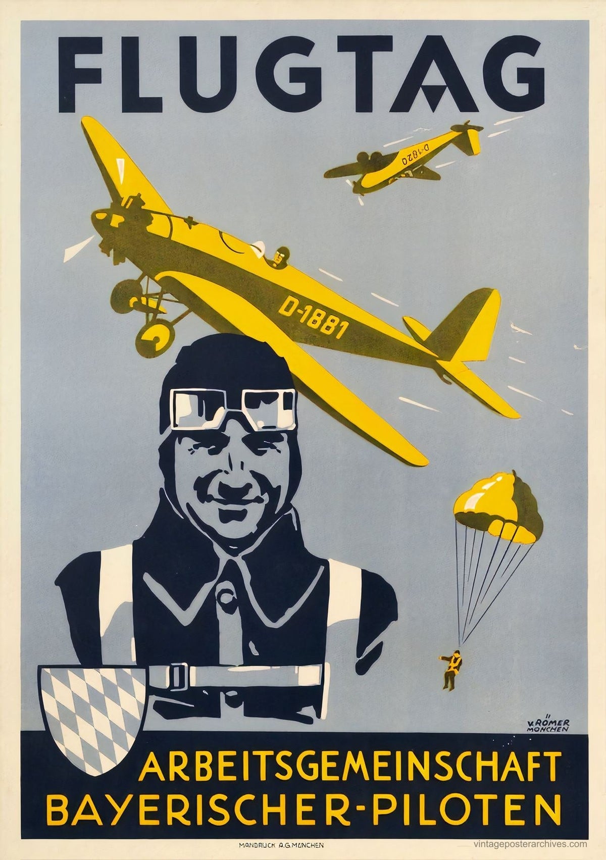 1930s German Flugtag aviation poster for Bavarian pilots day showing aircraft D-1881, Hans V Römer