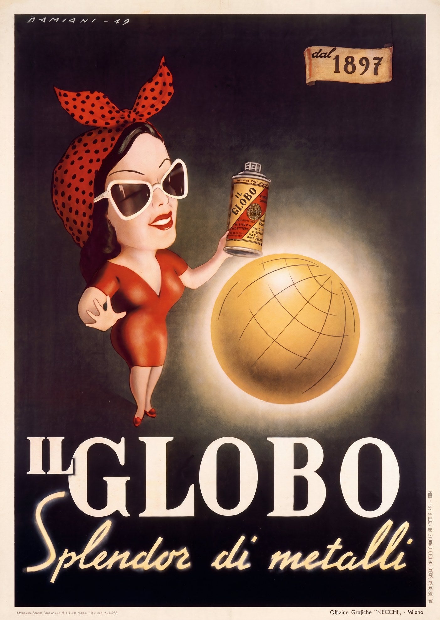 1949 Il Globo metal polish poster, woman in red dress and cat-eye sunglasses holds a polish tin beside a glowing golden globe, Damiani | The Vintage Poster Archives