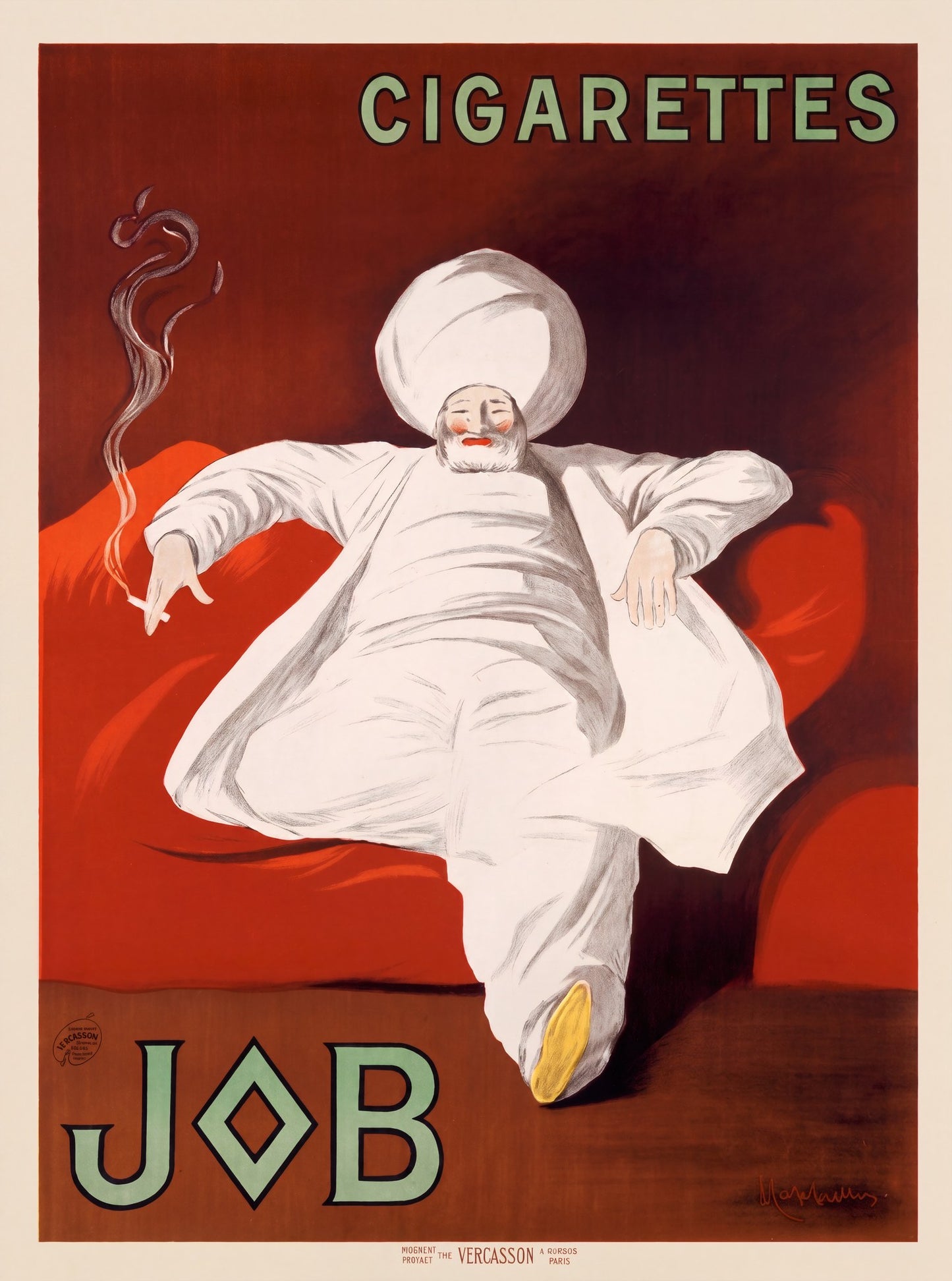 1912 JOB Cigarettes poster by Cappiello: white-robed turbaned man on red cushions, sage-green type | The Vintage Poster Archives