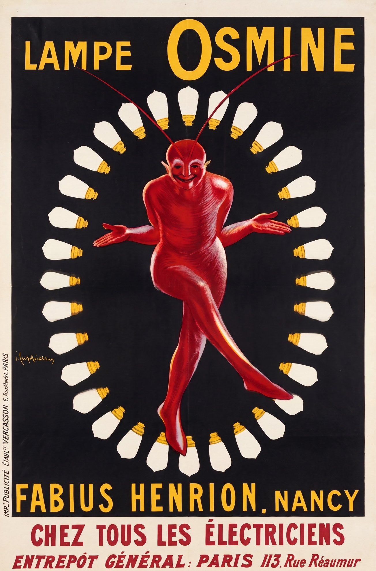 1910 Cappiello Lampe Osmine ad poster, red devil encircled by lightbulbs on black, golden type | The Vintage Poster Archives