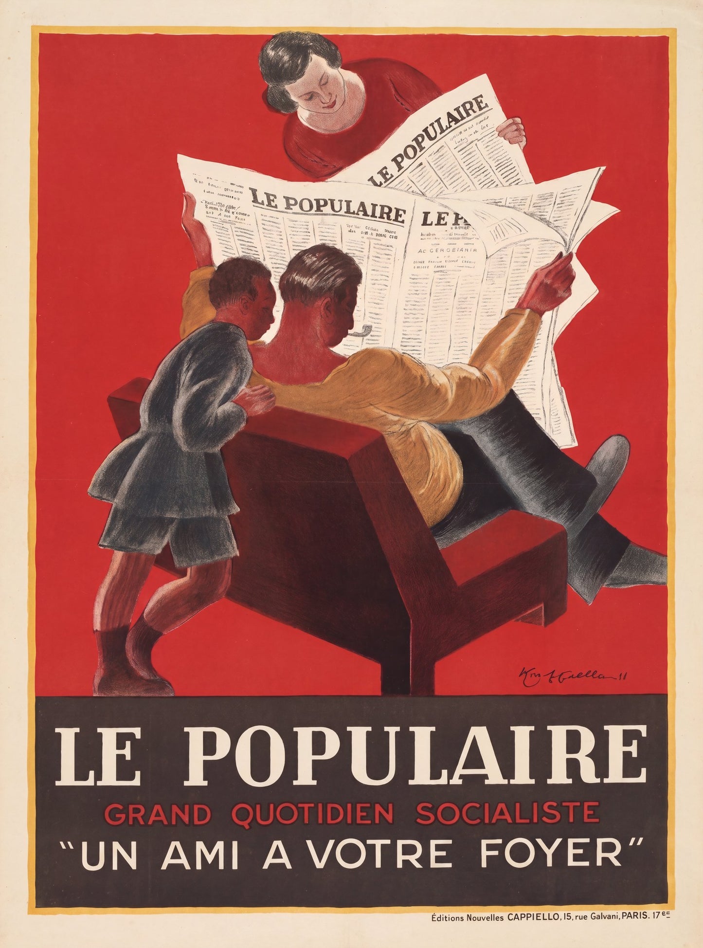 1930s Le Populaire socialist newspaper poster, family reading scene on red, Leonetto Cappiello | The Vintage Poster Archives