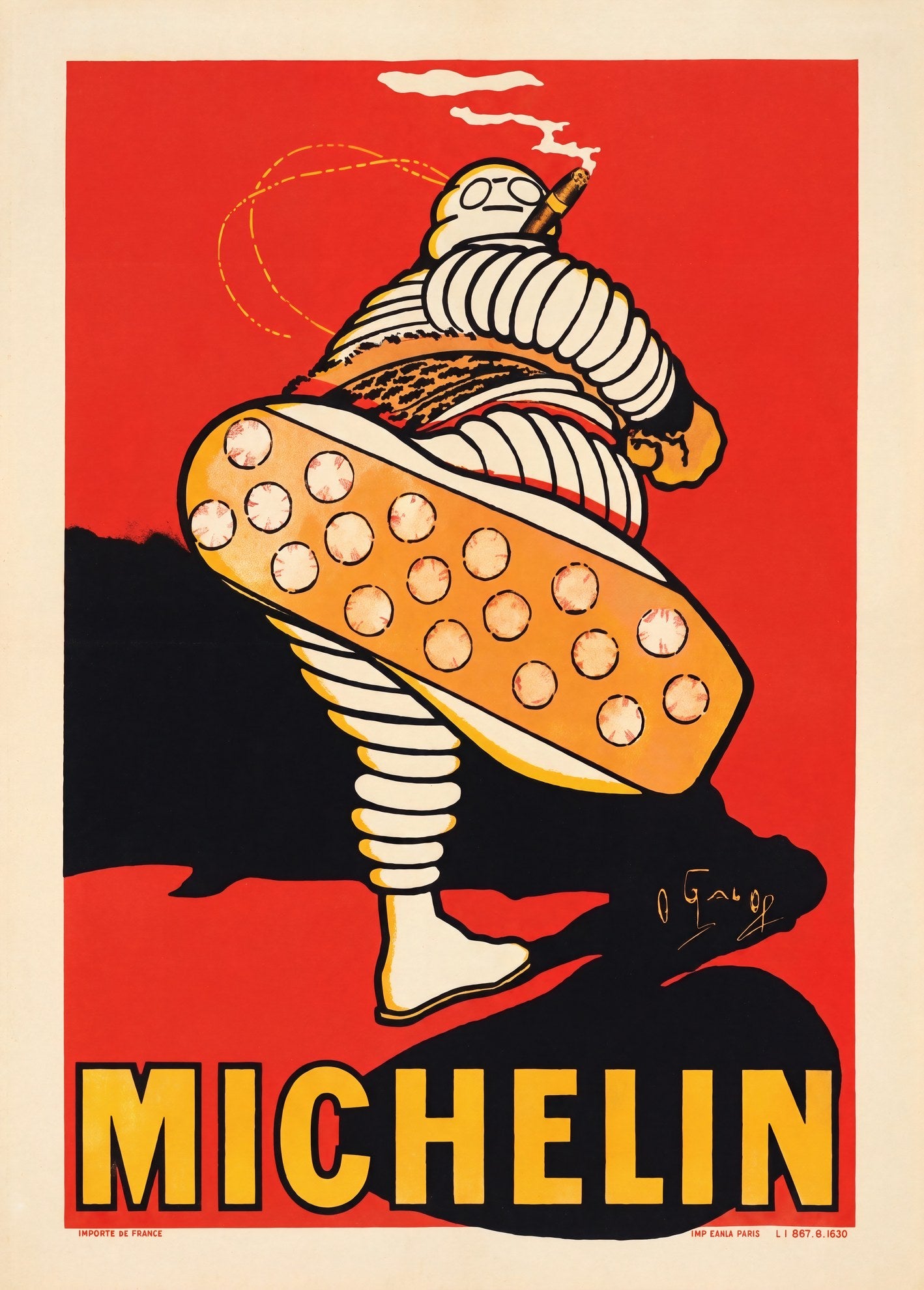 c.1900 Michelin advertising poster showing Bibendum raising a tyre sole, red background, yellow lettering, O'Galop | The Vintage Poster Archives