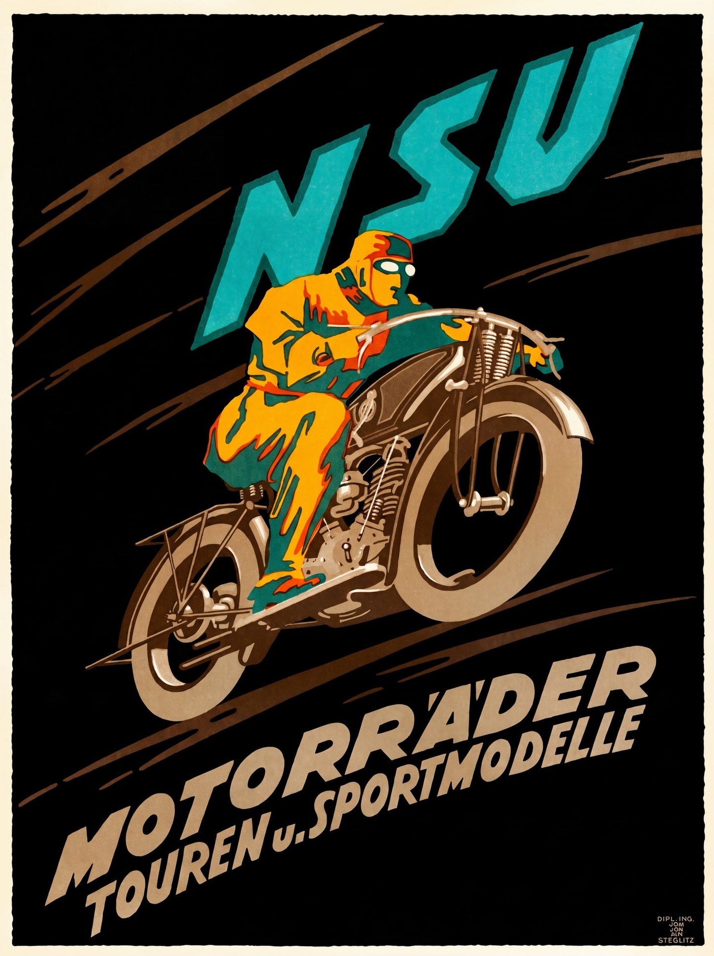1922 NSU Motorräder German motorcycle poster, yellow rider on black ground, teal lettering, Lehmann-Steglitz | The Vintage Poster Archives