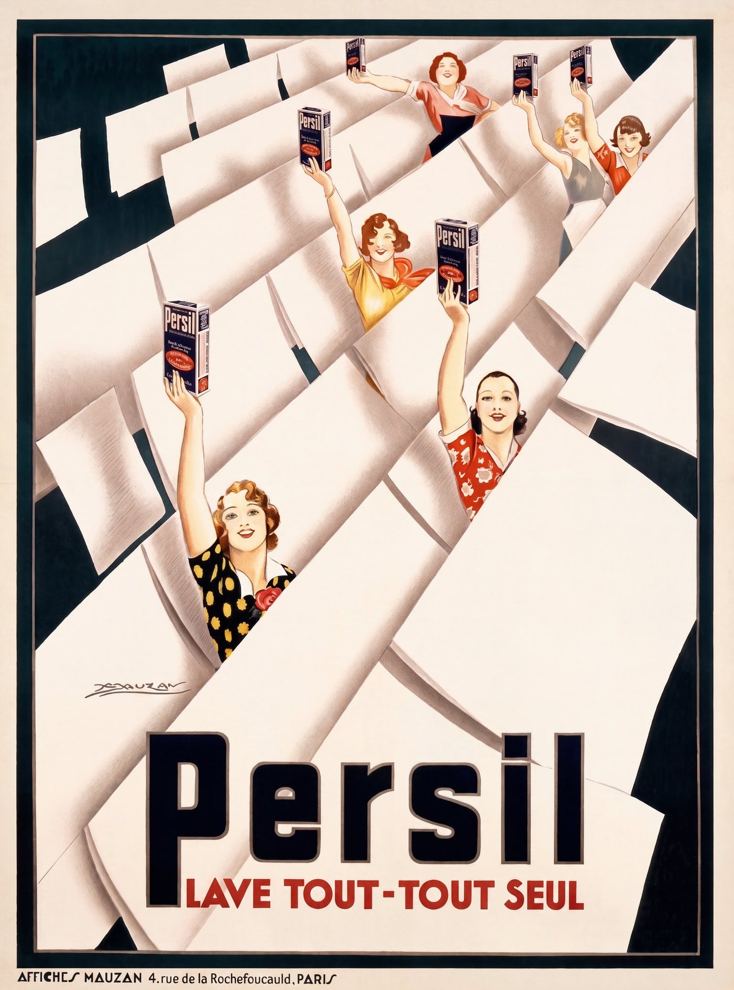1935 Persil detergent poster by Mauzan, five women holding product boxes among diagonal white sheets, Art Deco | The Vintage Poster Archives