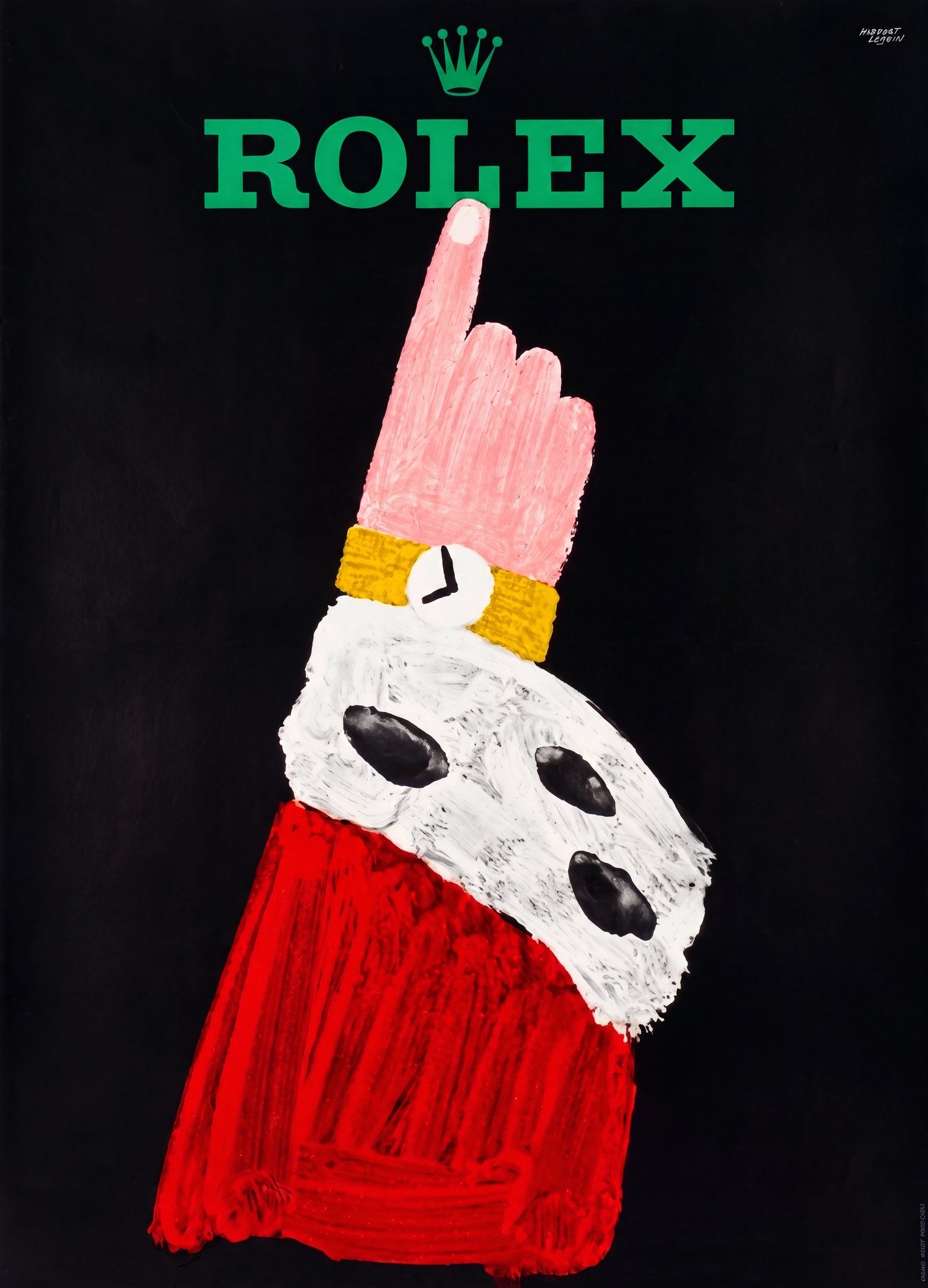 1959 Rolex advertising poster by Herbert Leupin: king's hand in red robe pointing to green Rolex crown, black ground | The Vintage Poster Archives