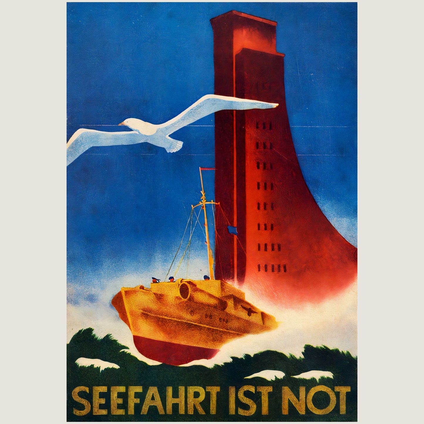 1935 German maritime propaganda poster showing red lighthouse, naval ship, seagull over blue sea, bold text Seefahrt ist Not