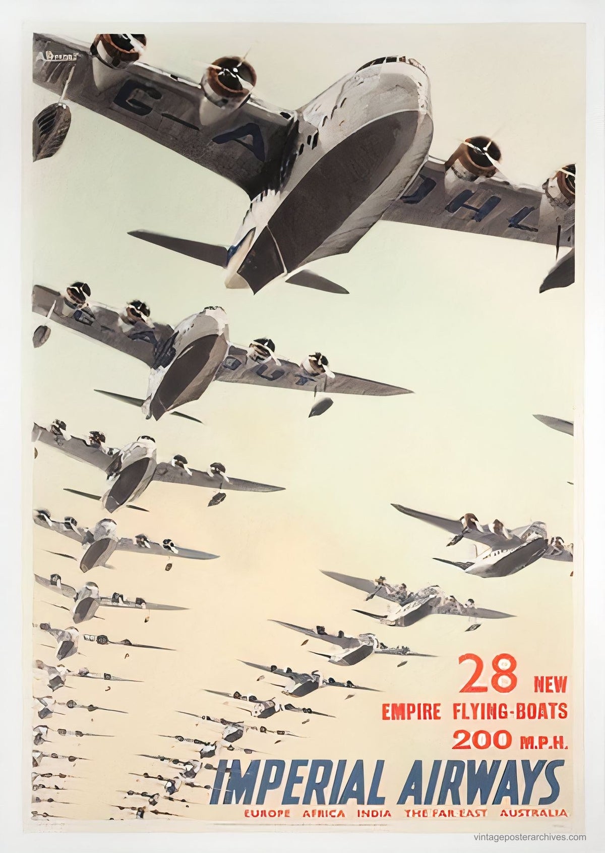 1937 Imperial Airways aviation poster showing Empire flying boats in fleet formation, Albert Brenet