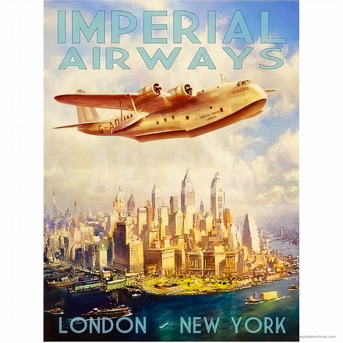 1937 Imperial Airways aviation poster showing Short Empire flying boat over Manhattan on London New York route, Albert Brenet