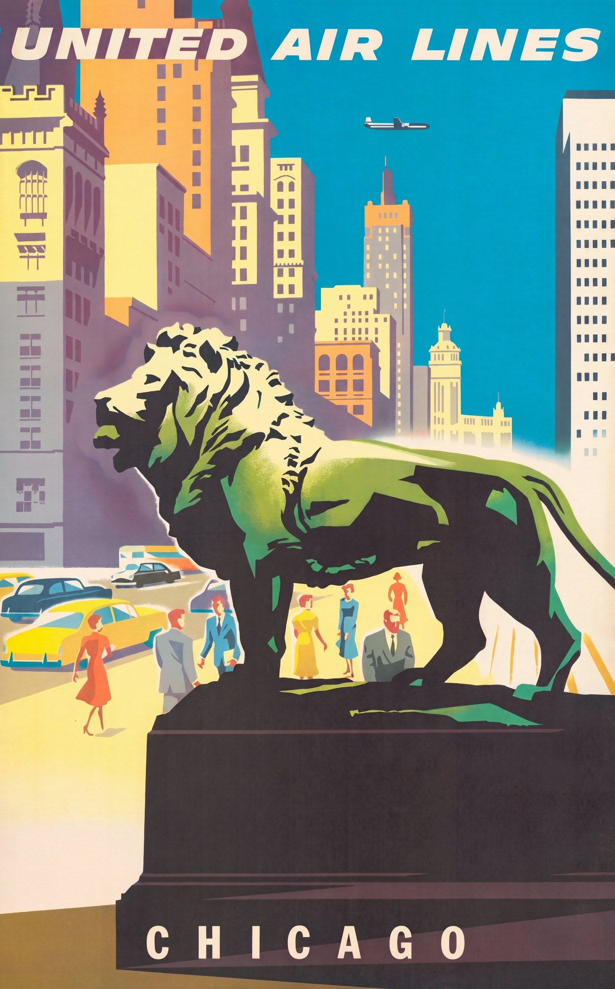 1950s United Air Lines Chicago poster, bronze Art Institute lion against amber cityscape, by Joseph Binder | The Vintage Poster Archives
