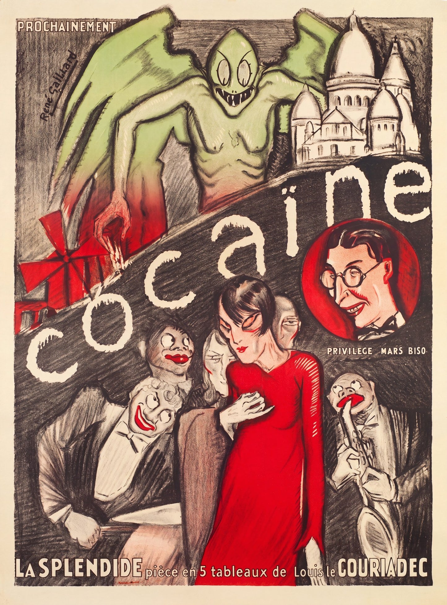 1925 French theatre poster Cocaine by René Gaillard: green gargoyle over Sacré-Coeur, woman in red dress | The Vintage Poster Archives