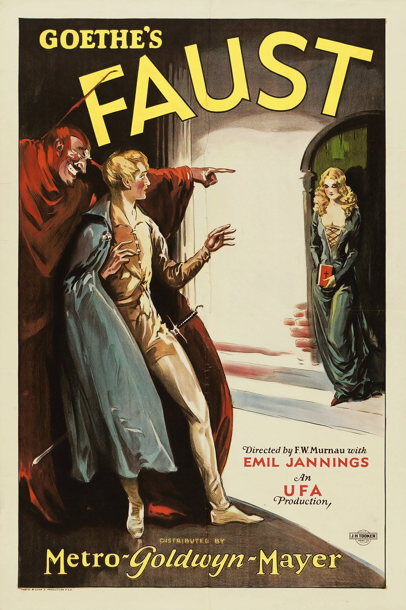 1926 Faust silent film poster: devil in red cloak, Faust reaching toward Gretchen in lit doorway, yellow title, MGM | The Vintage Poster Archives