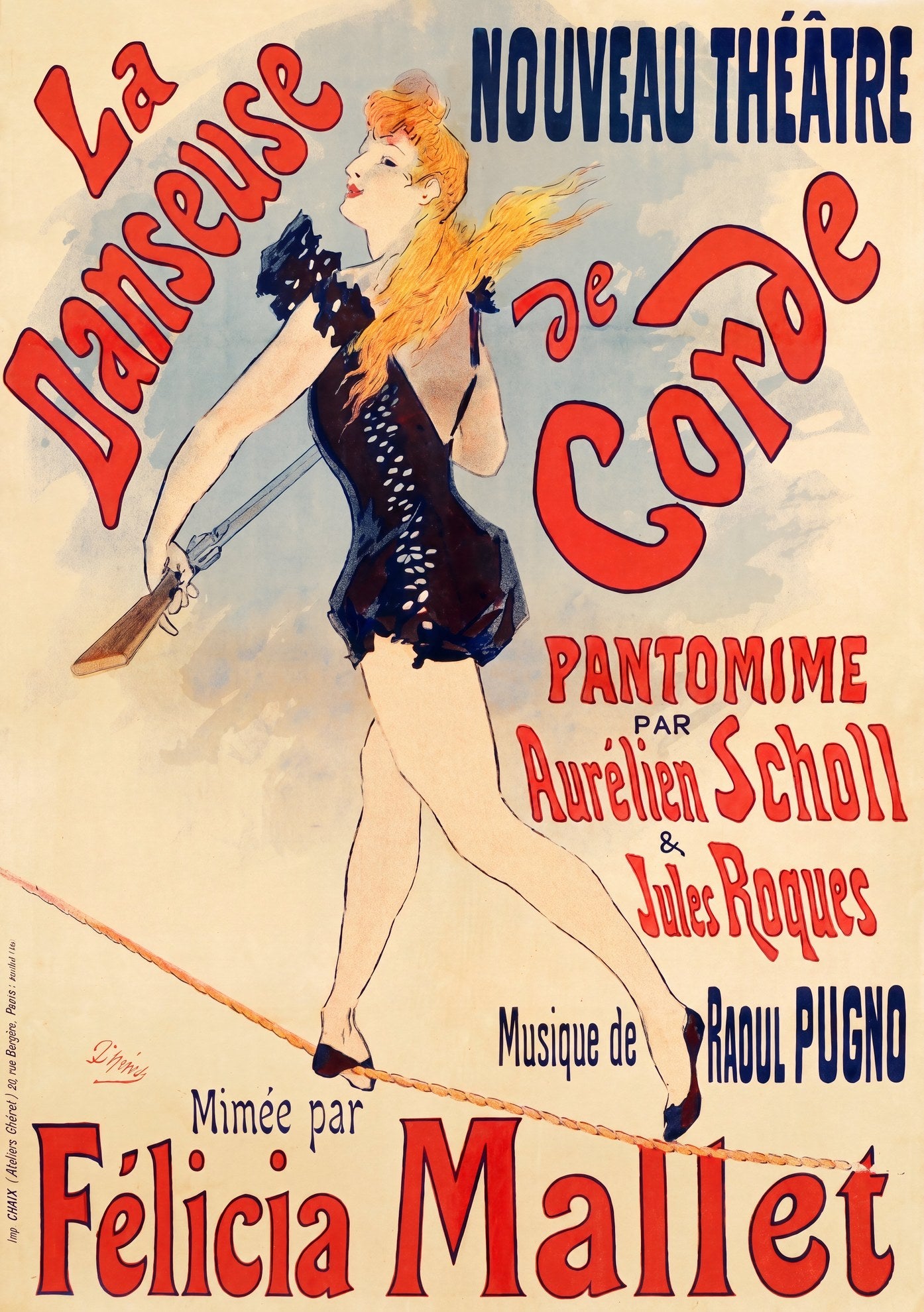 1891 French theatre poster by Jules Cheret: tightrope performer in dark costume with golden hair, red lettering, cream ground | The Vintage Poster Archives