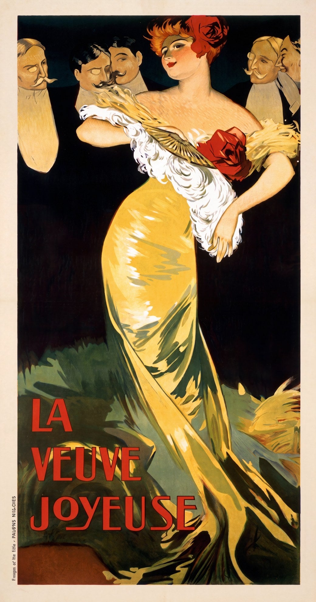 1909 French theatre poster for La Veuve Joyeuse, woman in golden gown with fur boa, suitors behind, crimson red title | The Vintage Poster Archives
