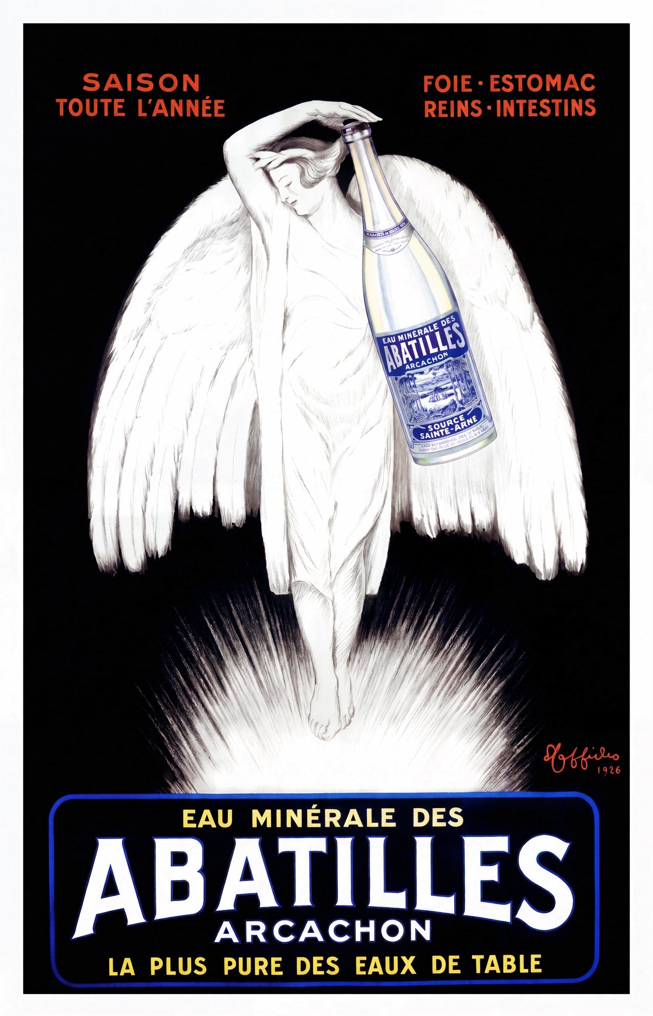 1926 Cappiello Abatilles mineral water poster, white angel with bottle, black ground, red-orange text | The Vintage Poster Archives