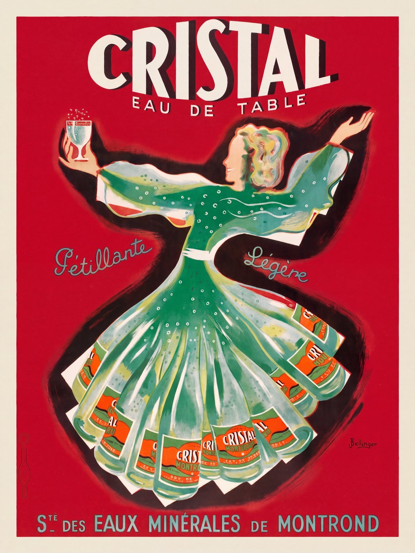 1930s French vintage food poster: dancing woman in green bottle-skirt holds sparkling glass, bold red ground, Bellenger | The Vintage Poster Archives