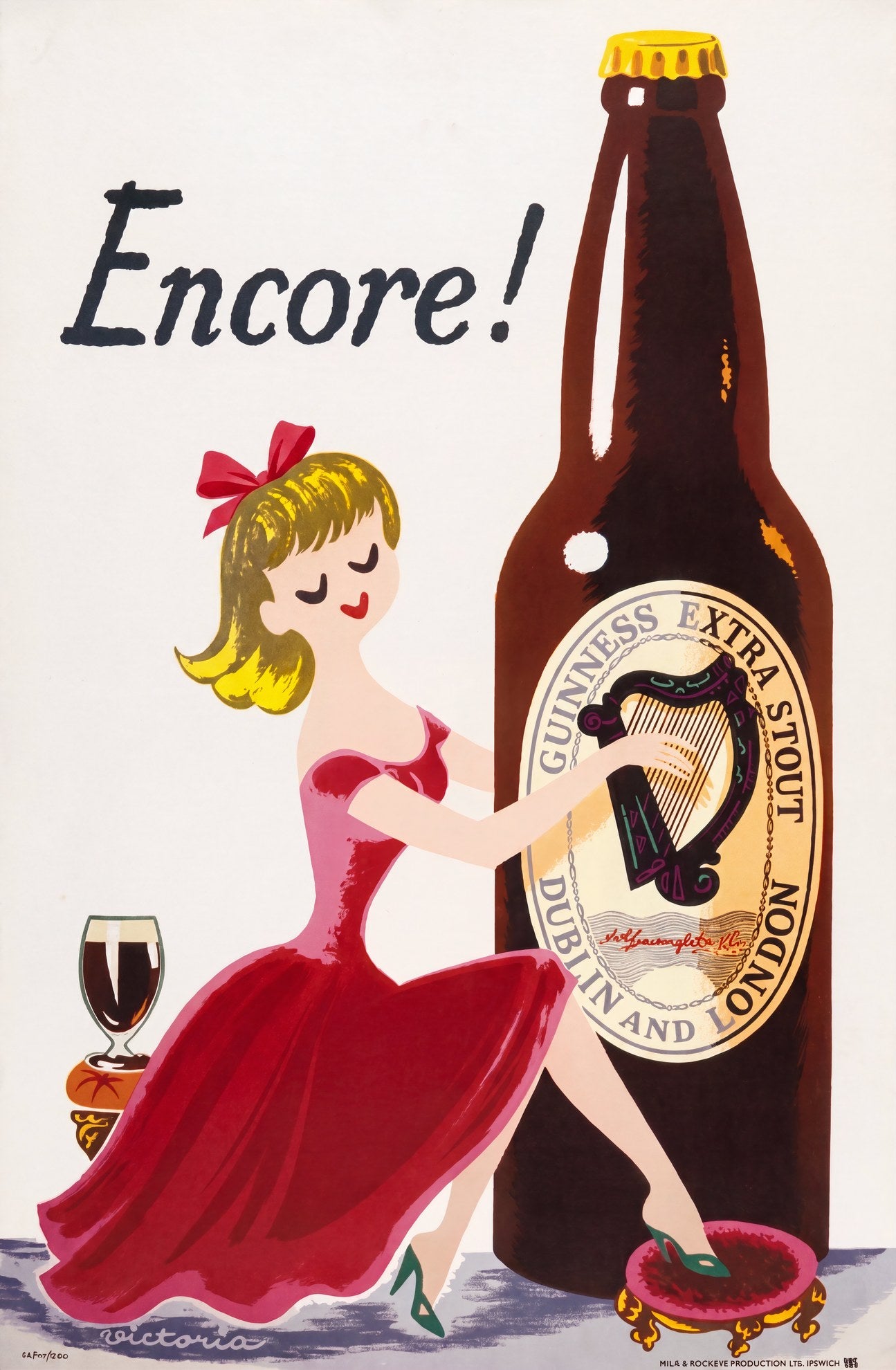 1958 Guinness Extra Stout poster: woman in red gown plays harp on bottle label, hand-lettered 'Encore!', Victoria Davidson | The Vintage Poster Archives
