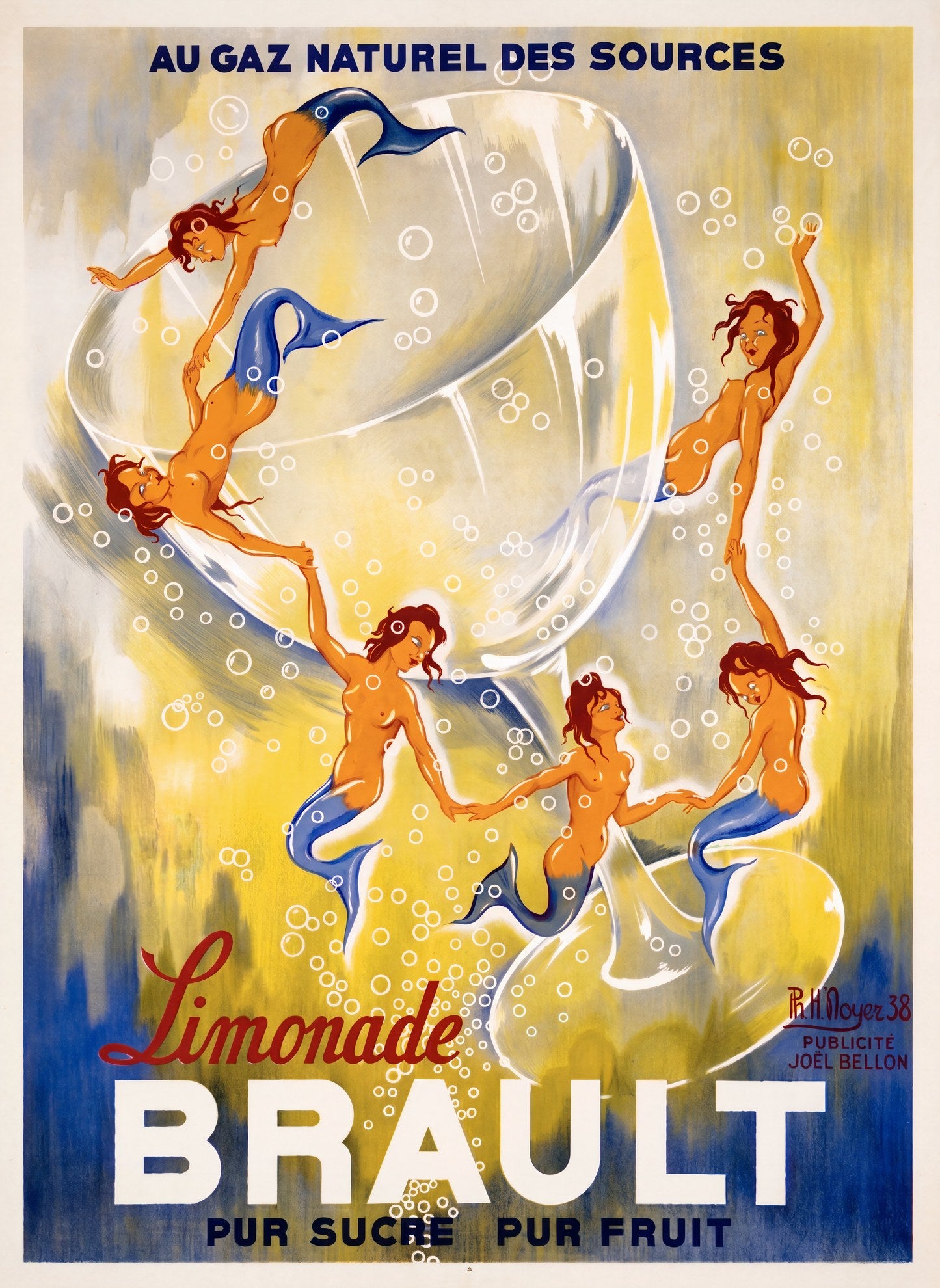 1938 French Limonade Brault poster showing five mermaids dancing around a giant glass, golden-yellow ground, Ph. H. Noyer | The Vintage Poster Archives