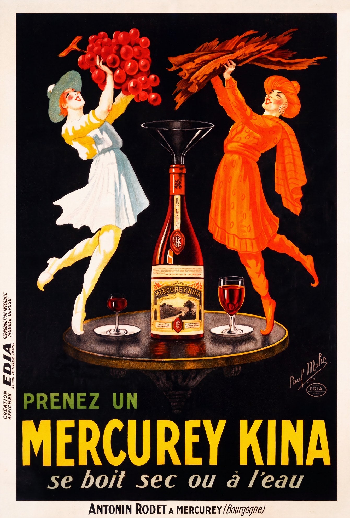 1925 French aperitif poster: two dancing women with grapes and tobacco flank a Mercurey Kina bottle, black ground, Paul Mohr | The Vintage Poster Archives