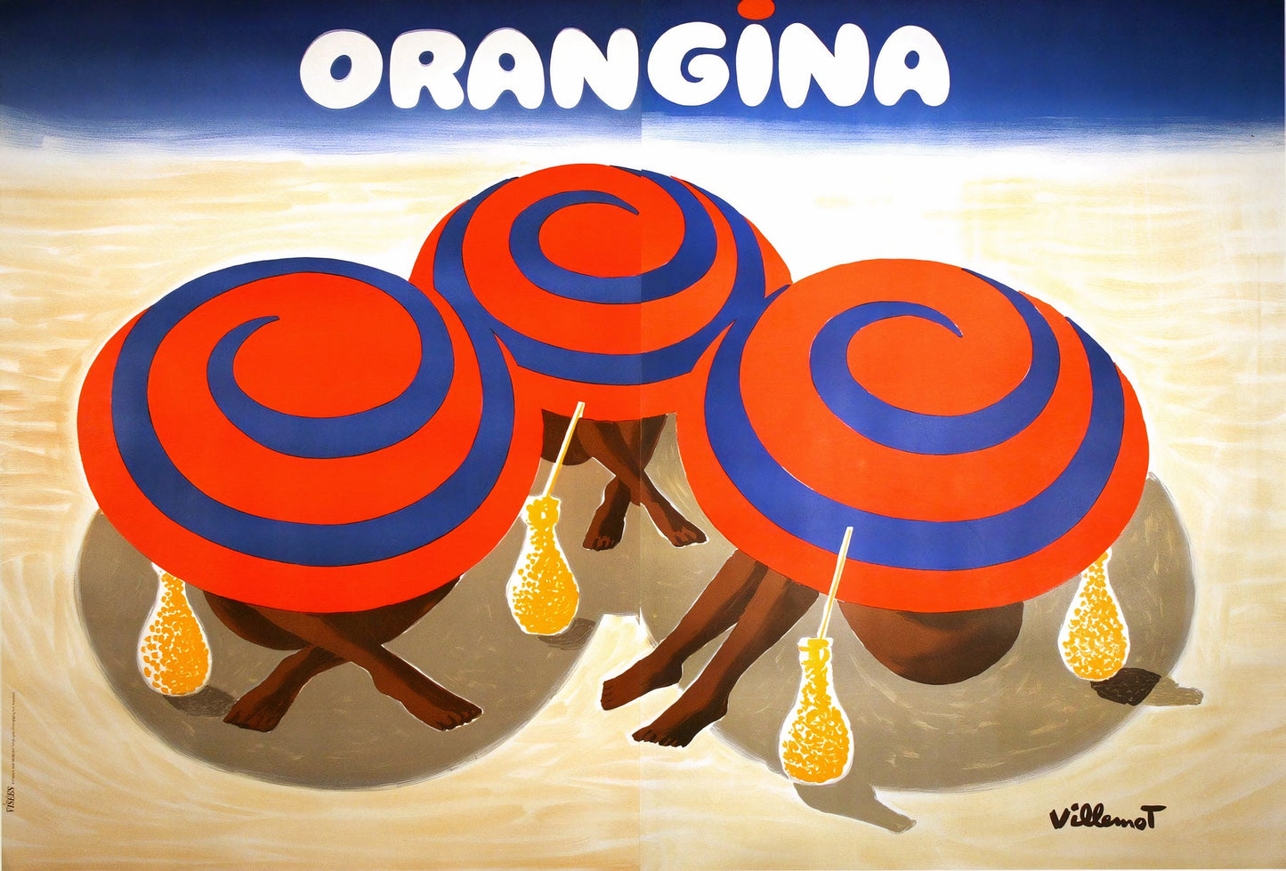 1984 Orangina French advertising poster, three red-blue spiral beach parasols viewed from above, Villemot | The Vintage Poster Archives
