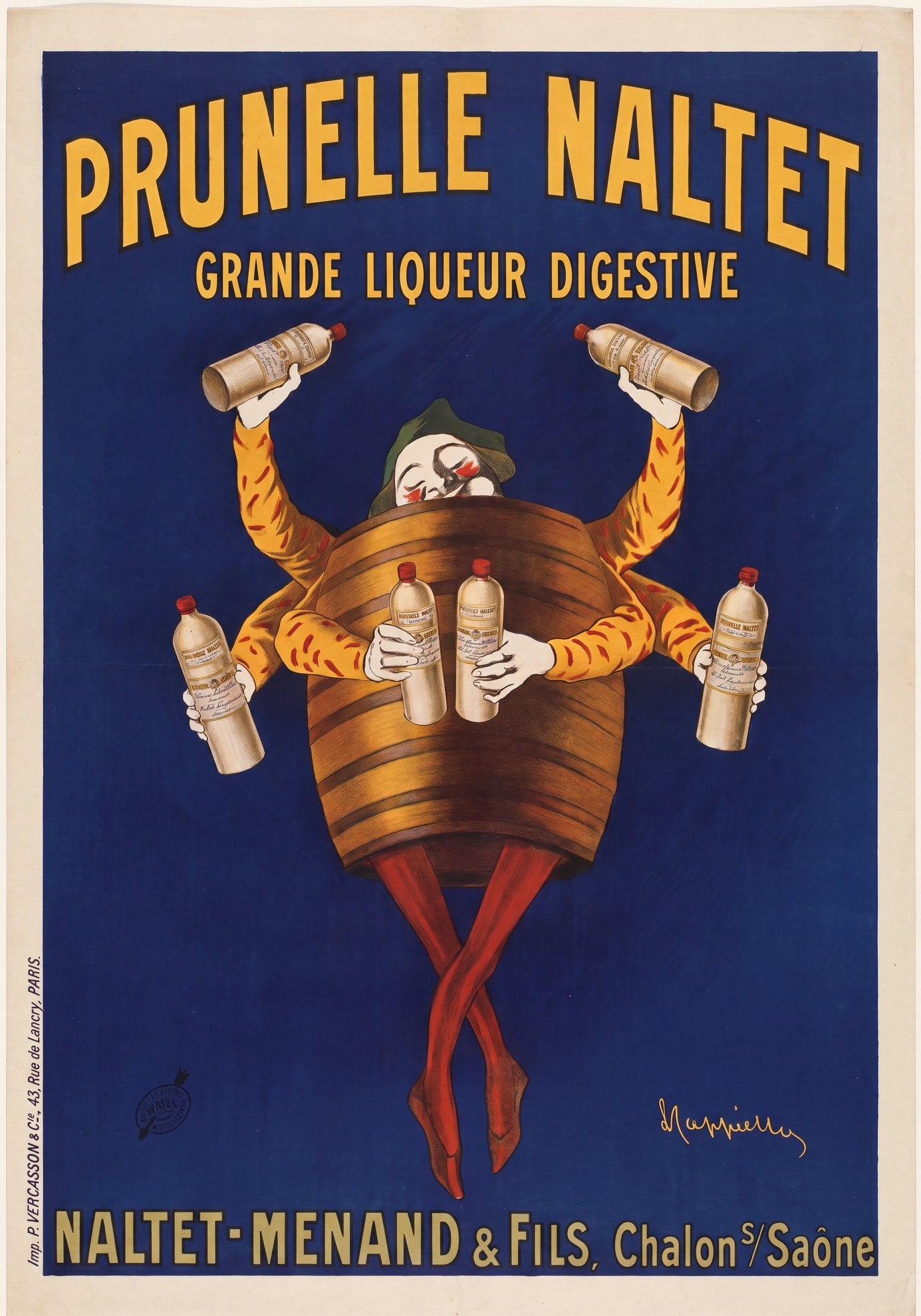 1904 Cappiello Prunelle Naltet poster, six-armed jester in barrel holding liqueur bottles, cobalt blue, golden type | The Vintage Poster Archives