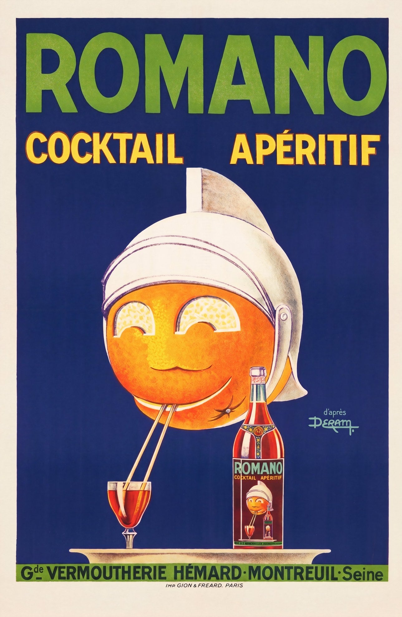 1920s French aperitif poster showing smiling orange in Roman helmet drinking through straws, cobalt blue, Deram | The Vintage Poster Archives