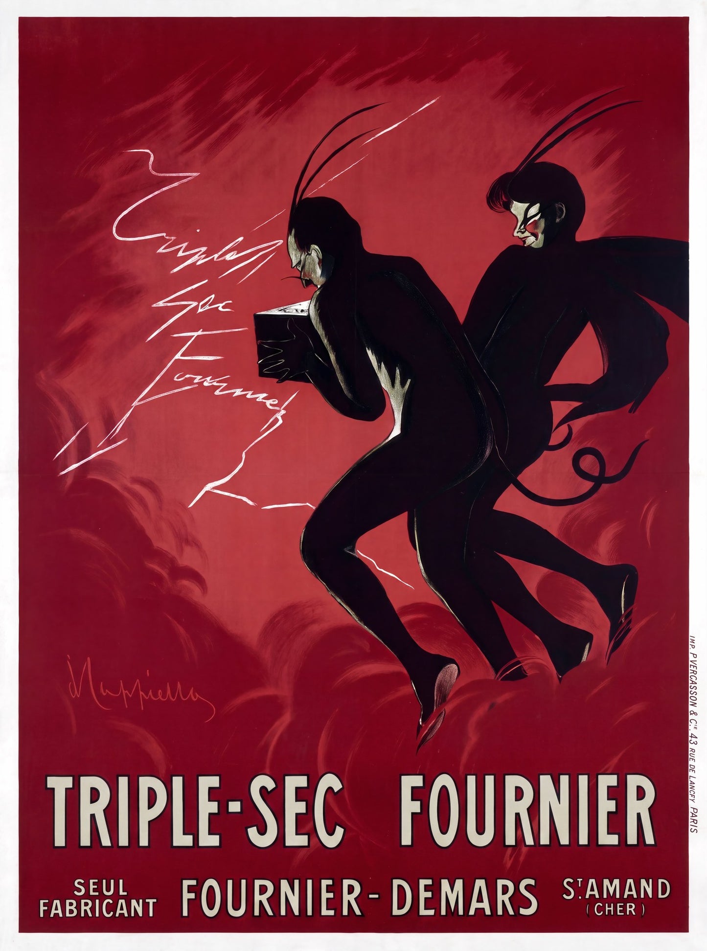 1907 French advertising poster by Cappiello: two black devil figures dance on crimson red ground, advertising Triple-Sec Fournier liqueur | The Vintage Poster Archives