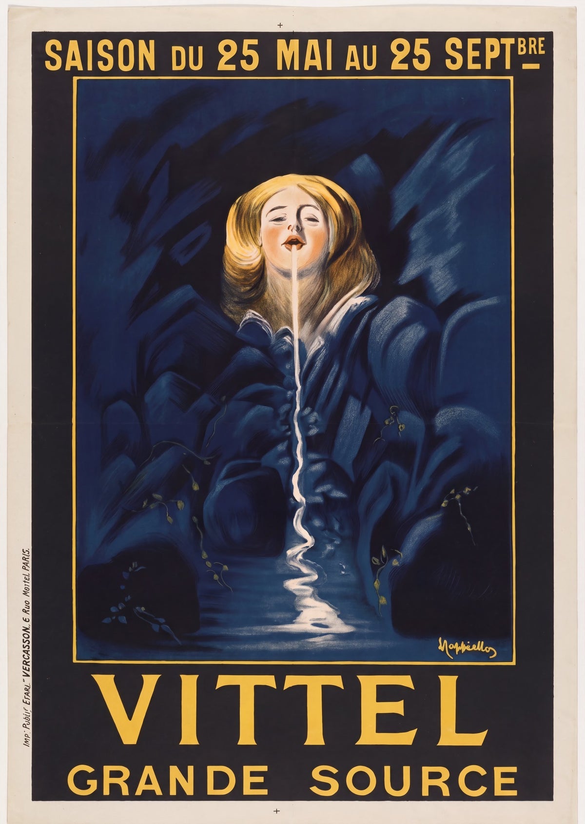 1911 Vittel Grande Source poster, blonde water nymph in navy grotto, Cappiello | The Vintage Poster Archives