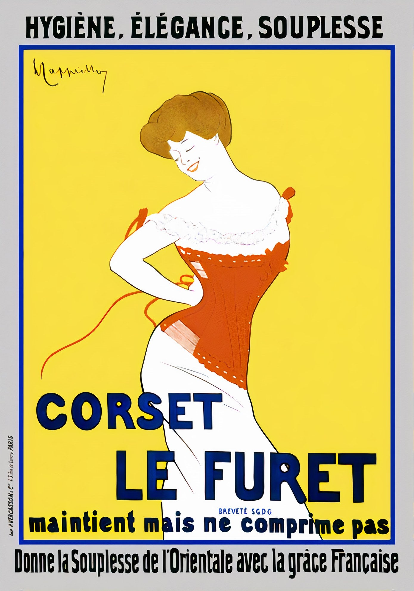 1901 French advertising poster showing woman in red corset against yellow background, Leonetto Cappiello design | The Vintage Poster Archives
