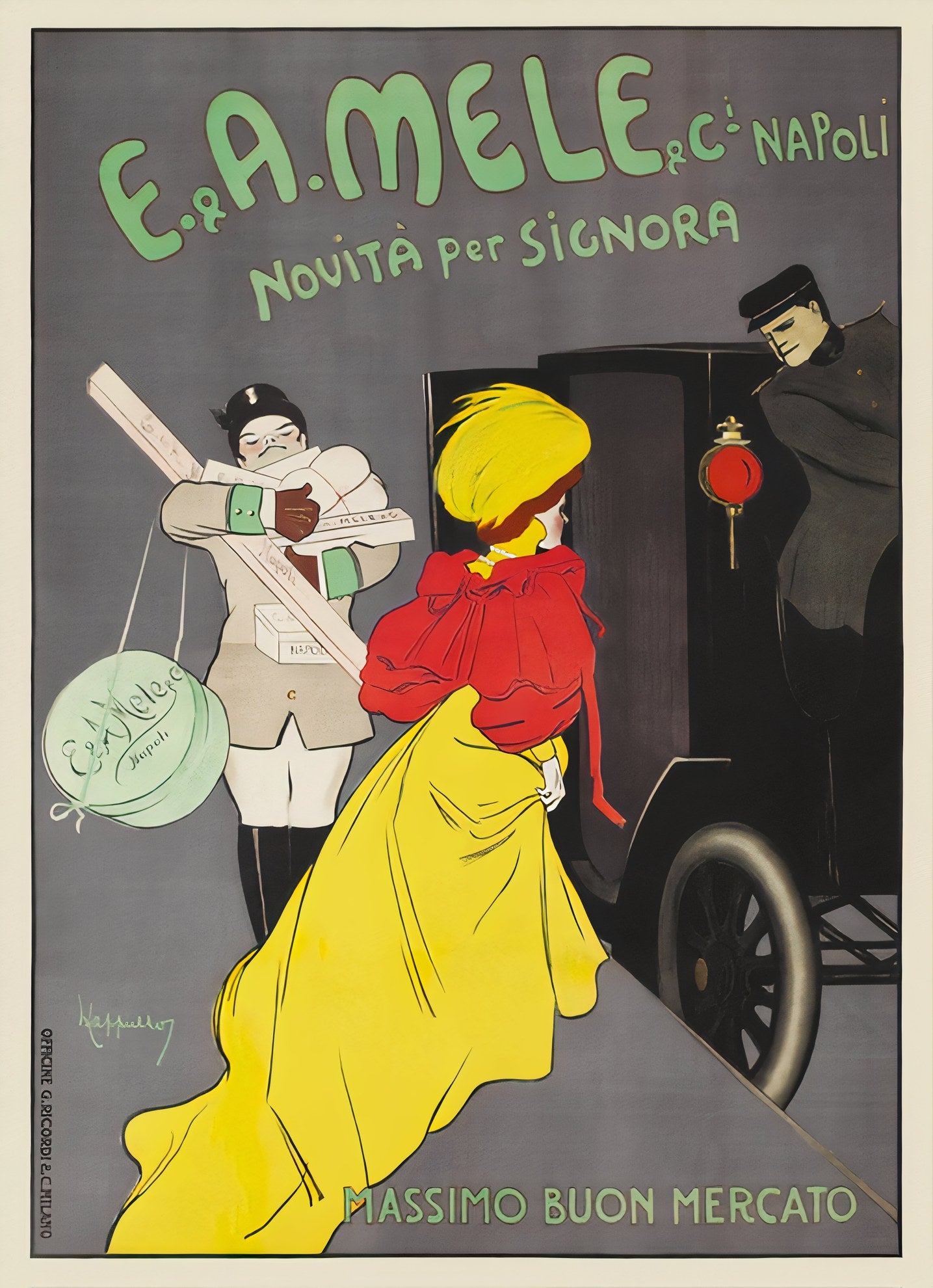 1902 E.A. Mele Napoli fashion poster showing woman in yellow dress with red cape, gentleman in formal wear, horse carriage, Cappiello