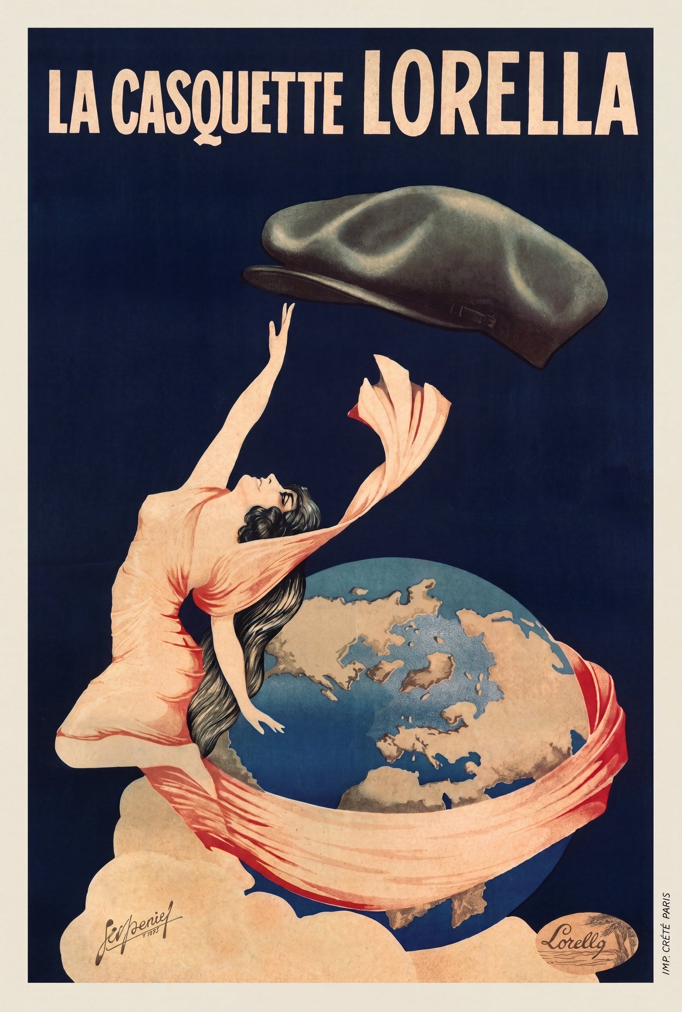 1920s French advertising poster: allegorical woman in pink gown reaches toward a floating flat cap above a globe, navy ground | The Vintage Poster Archives