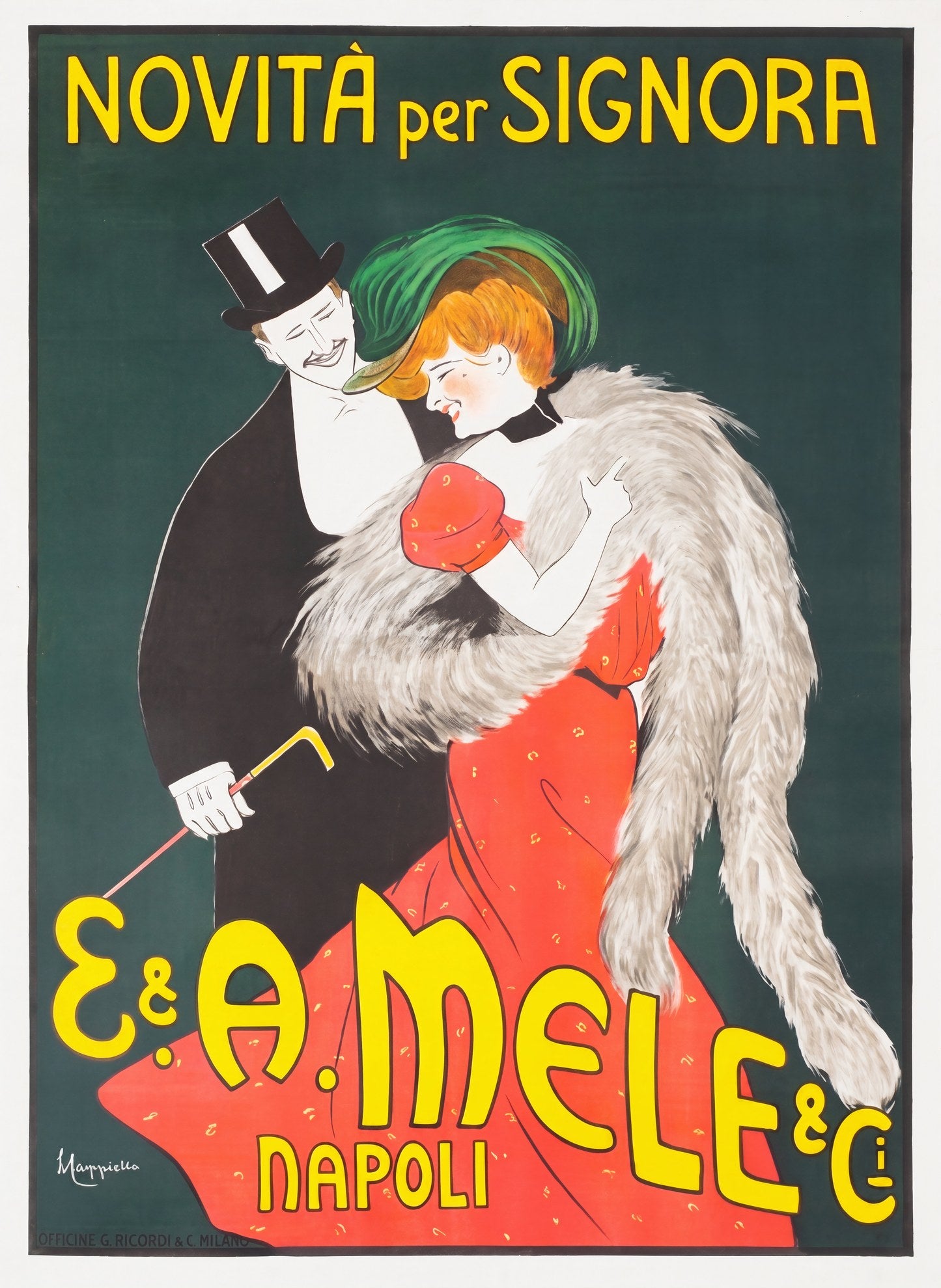 1903 Italian fashion poster: woman in red dress and fur stole with man in top hat, deep green ground, Cappiello | Vintage Poster Archives