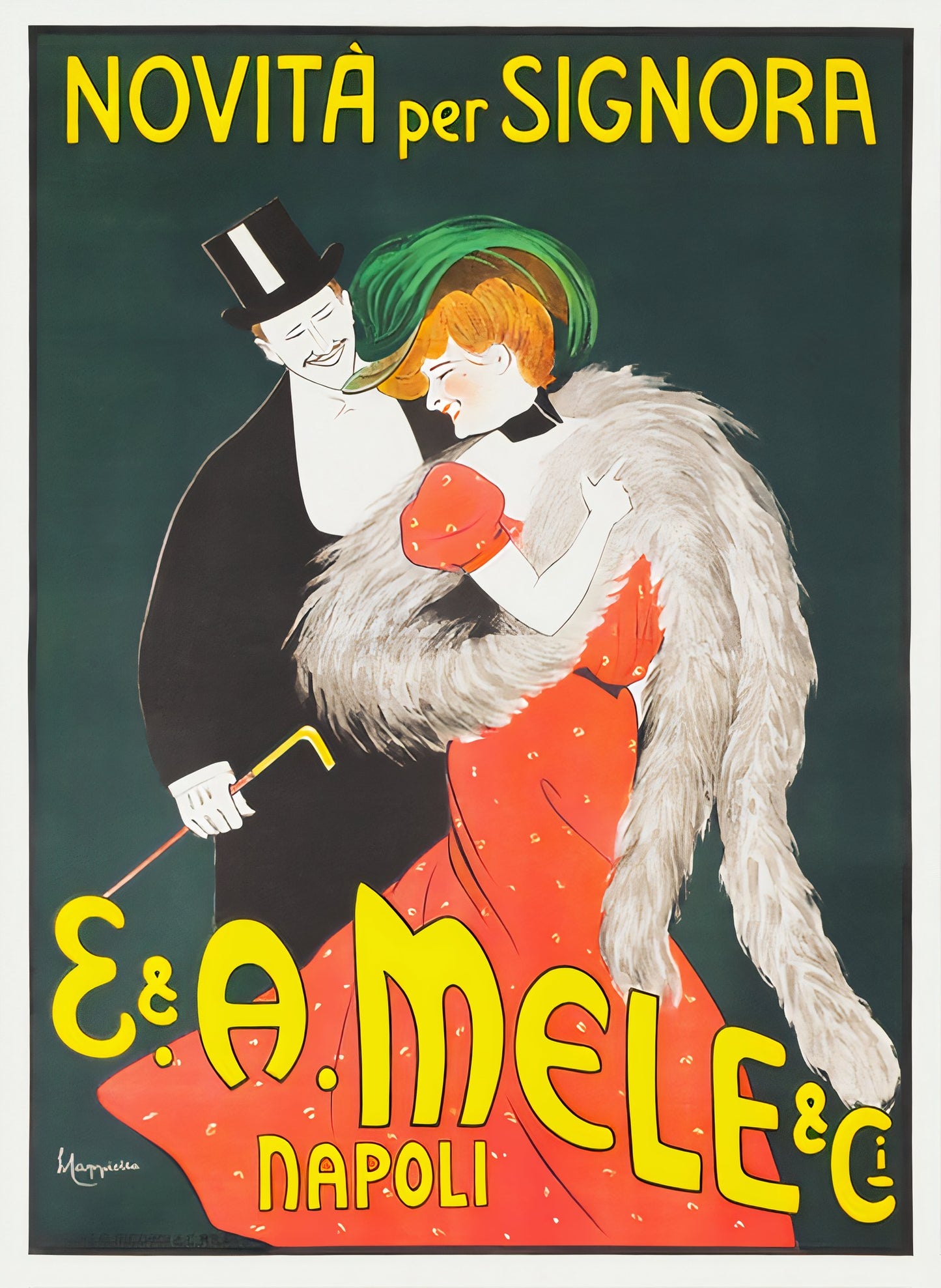 1902 E&A Mele fashion poster showing elegant couple dancing, woman in red dress with fur stole, dark green background, Cappiello