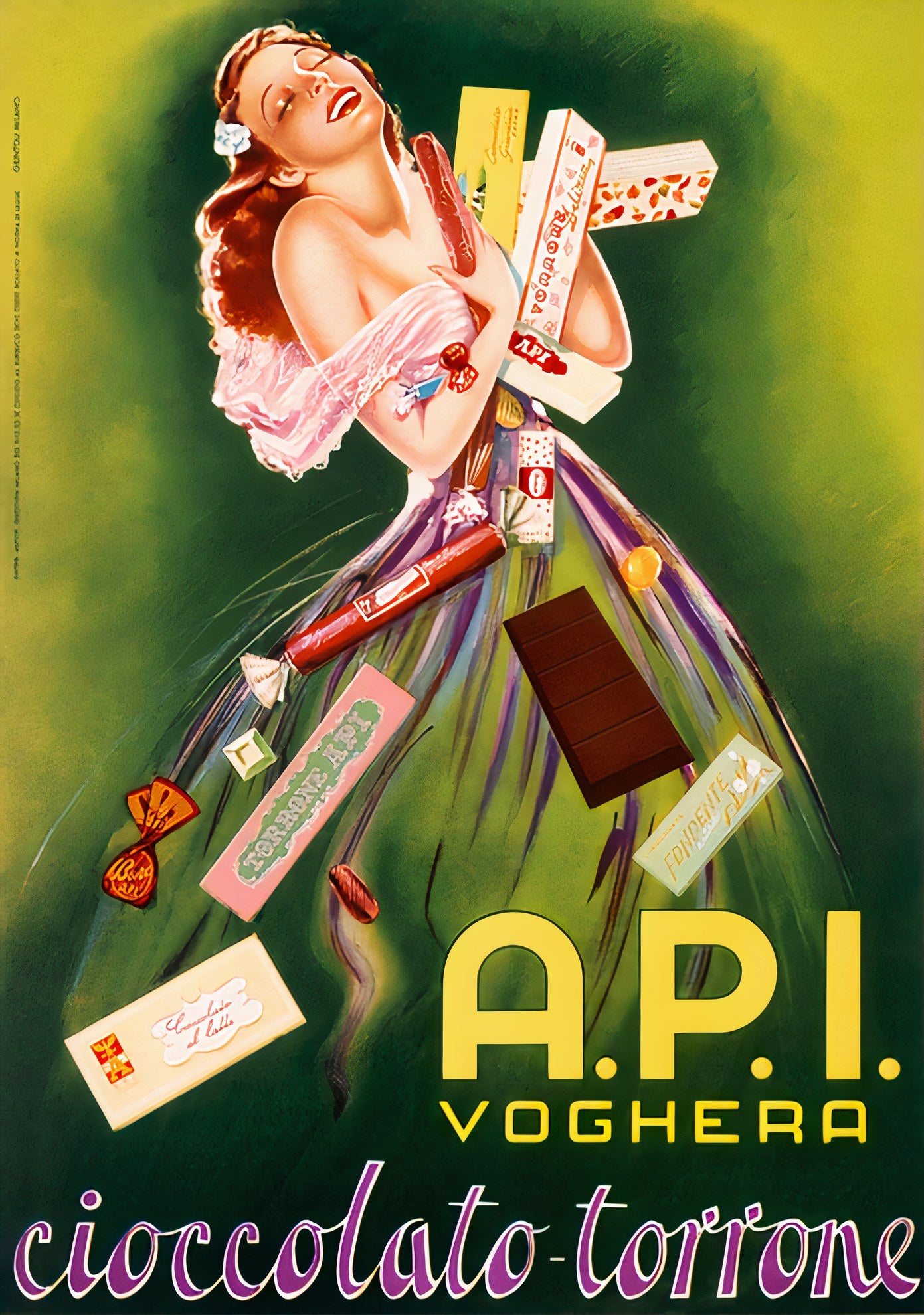 1955 Italian chocolate poster showing woman surrounded by API Voghera confectionery, yellow and green palette, Di Lullo