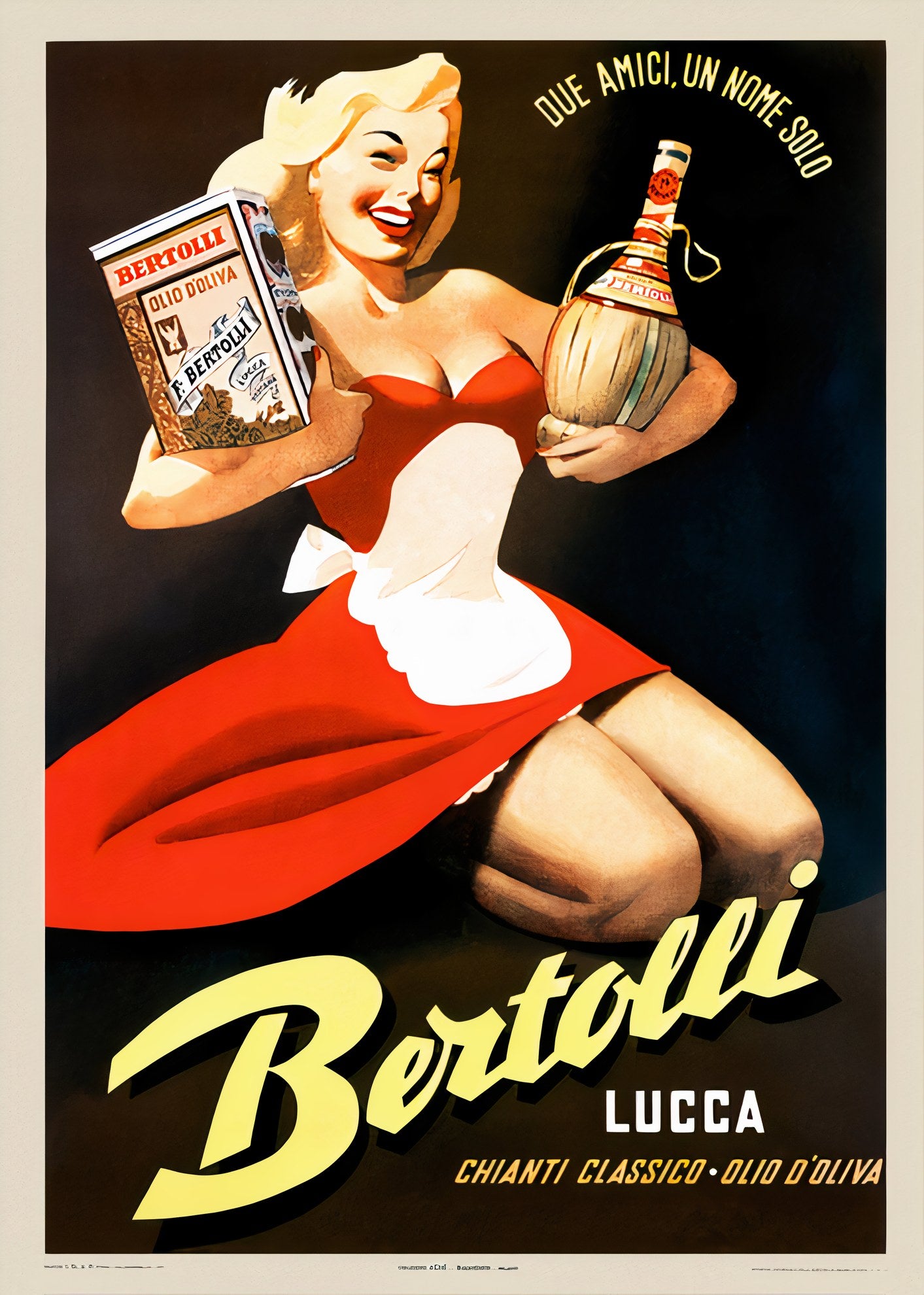 1950s Bertolli olive oil poster showing pin-up woman in red dress holding bottle, Italian advertising style