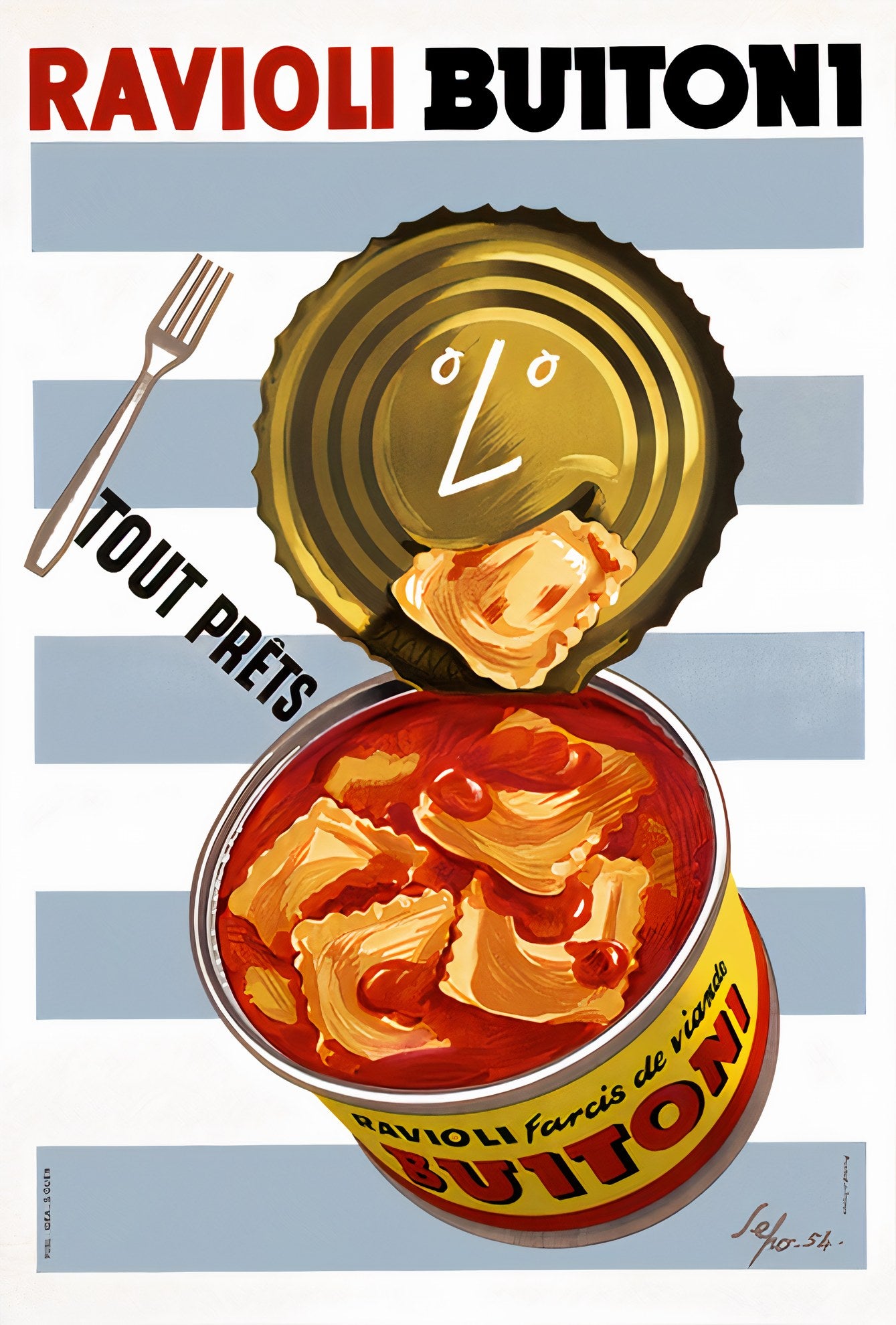 1954 Buitoni ravioli poster showing open tin with smiling lid and tomato sauce, blue striped background, Severo Pozzati Sepo