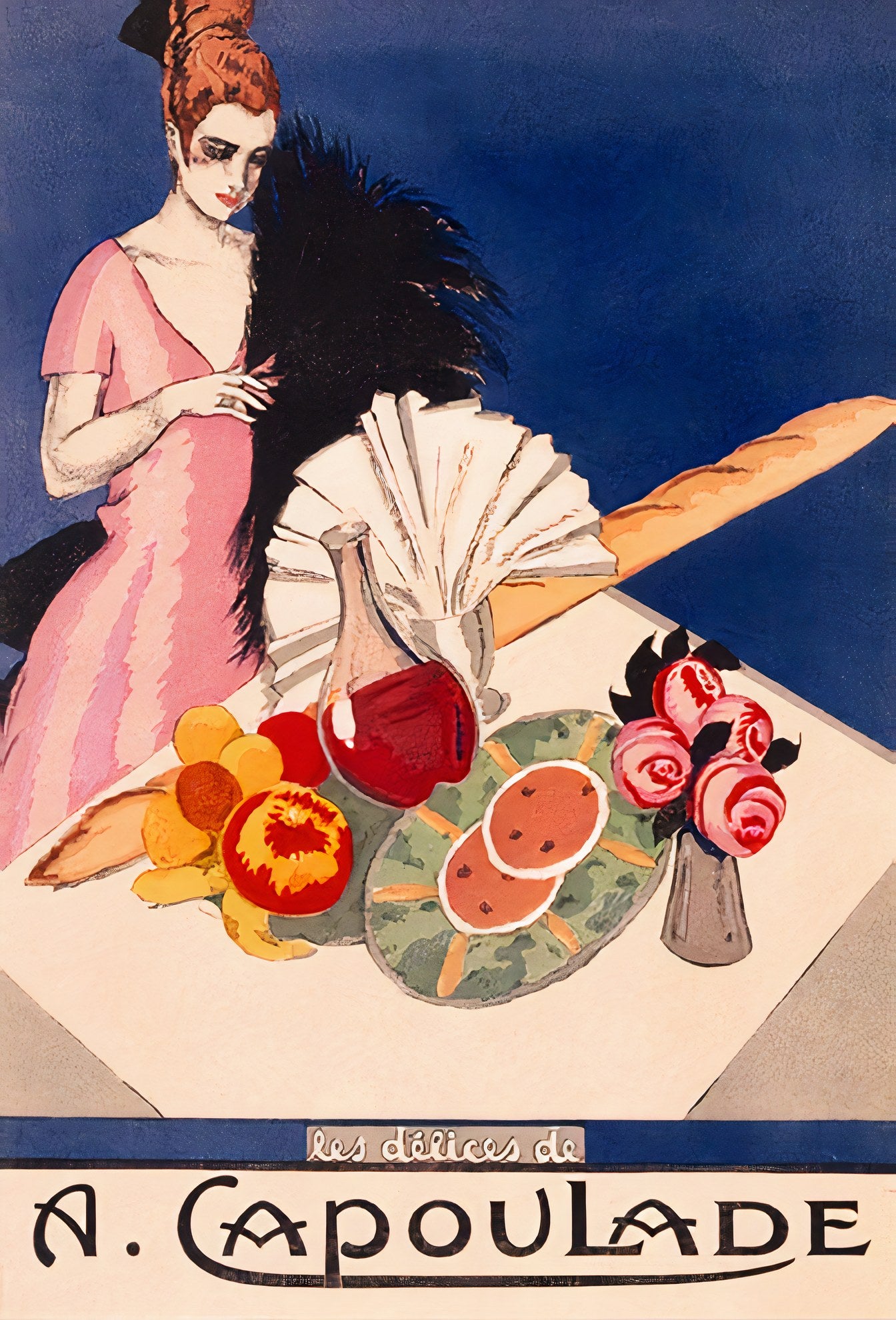 1920s French food poster showing elegant woman in pink dress with black fan beside table of wine and fruit, blue background