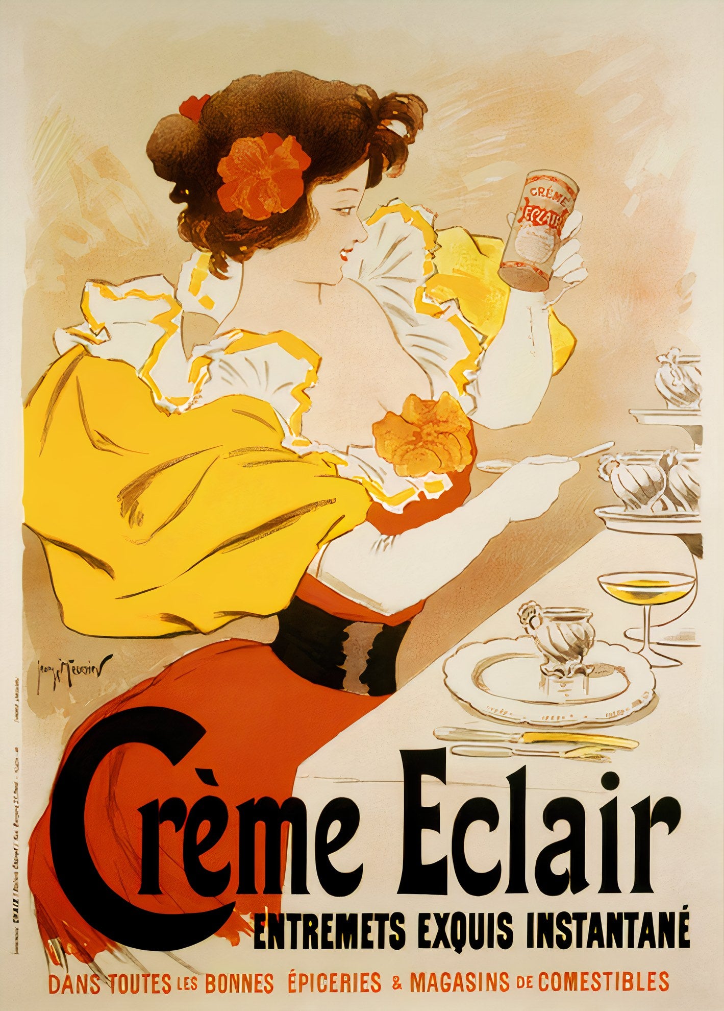 1895 French food poster showing woman in yellow dress holding Cr�me �clair dessert tin, red and yellow palette, Georges Meunier