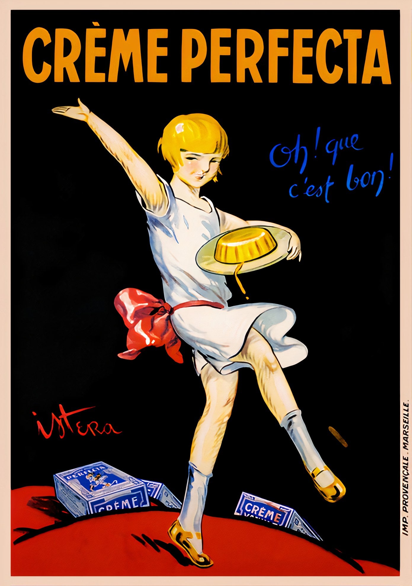 1925 Cr�me Perfecta food poster showing dancing girl in white dress with red bow, black background, orange lettering, Istera