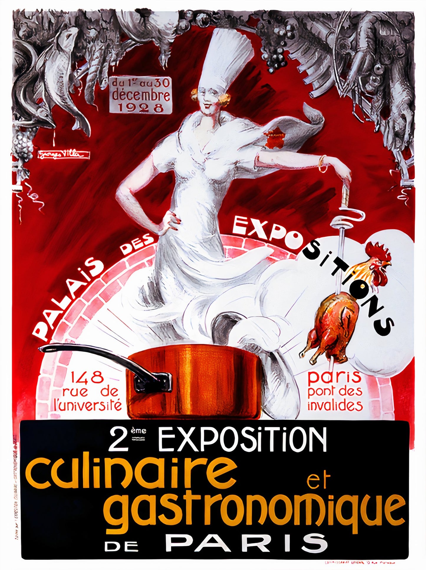 1928 French culinary exhibition poster showing chef in white cape standing in cooking pot, holding roasted chicken, Georges Villa