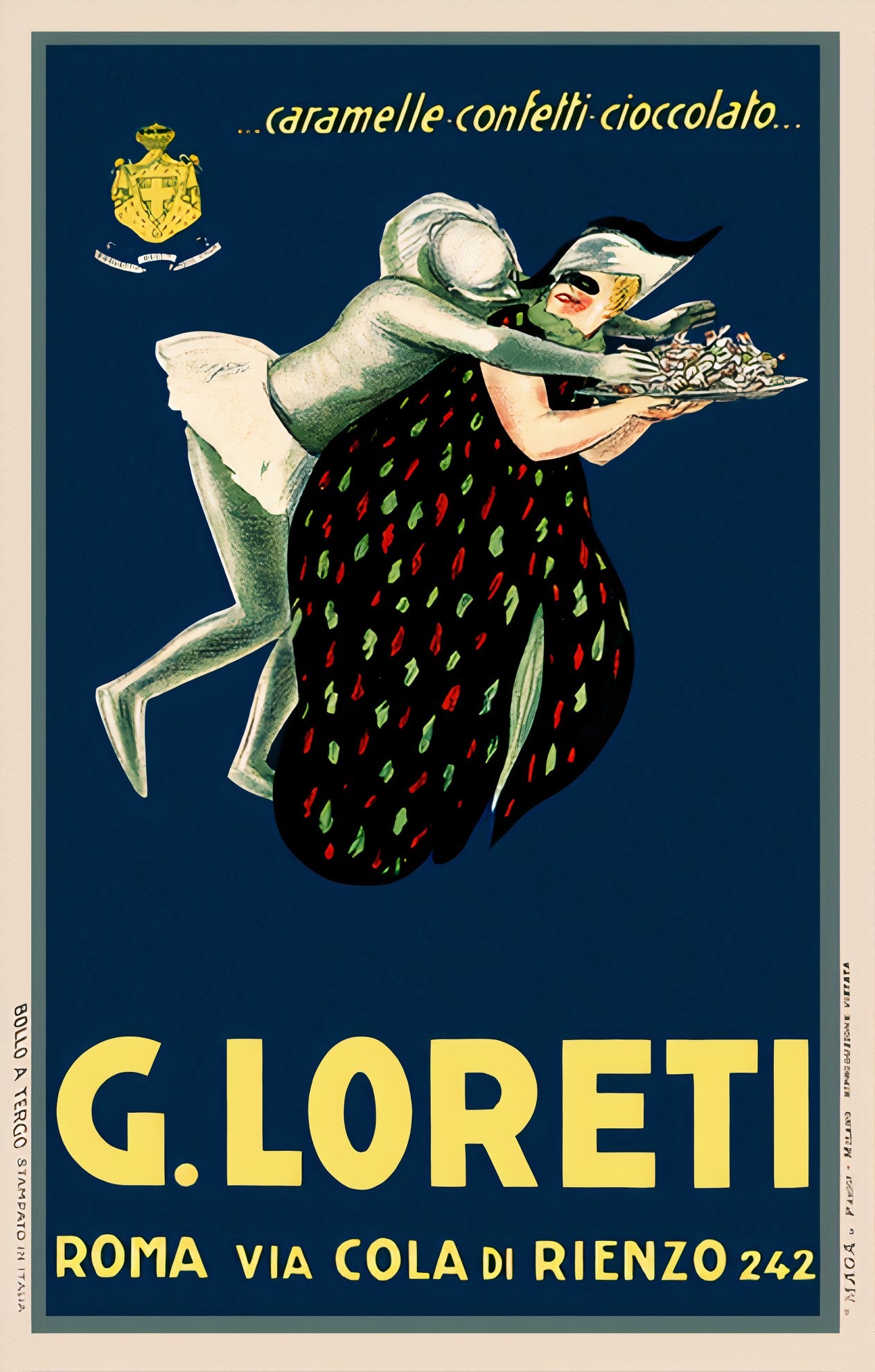 1920s Italian food poster showing harlequin embracing woman with candy tray, deep blue and yellow palette, Luciano Achille Mauzan