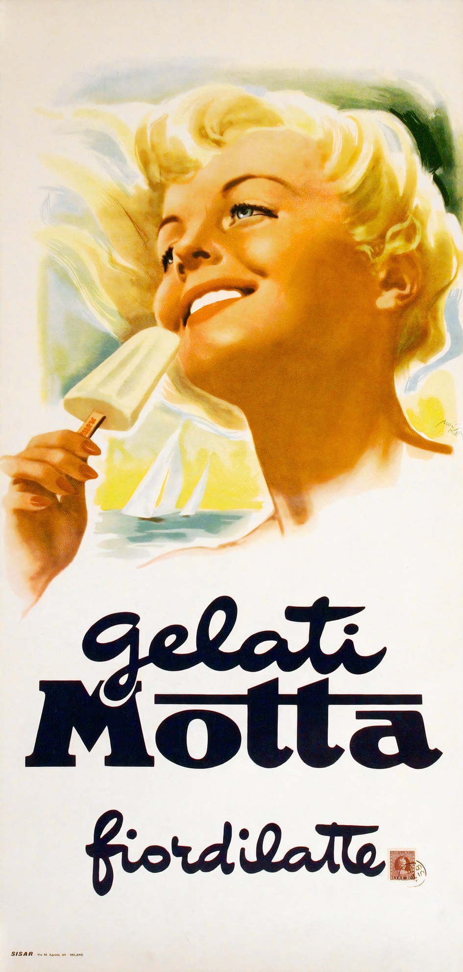 1950s Italian Gelati Motta ice cream poster, smiling blonde woman with fiordilatte bar, sailboats behind, Mario Rossi | The Vintage Poster Archives