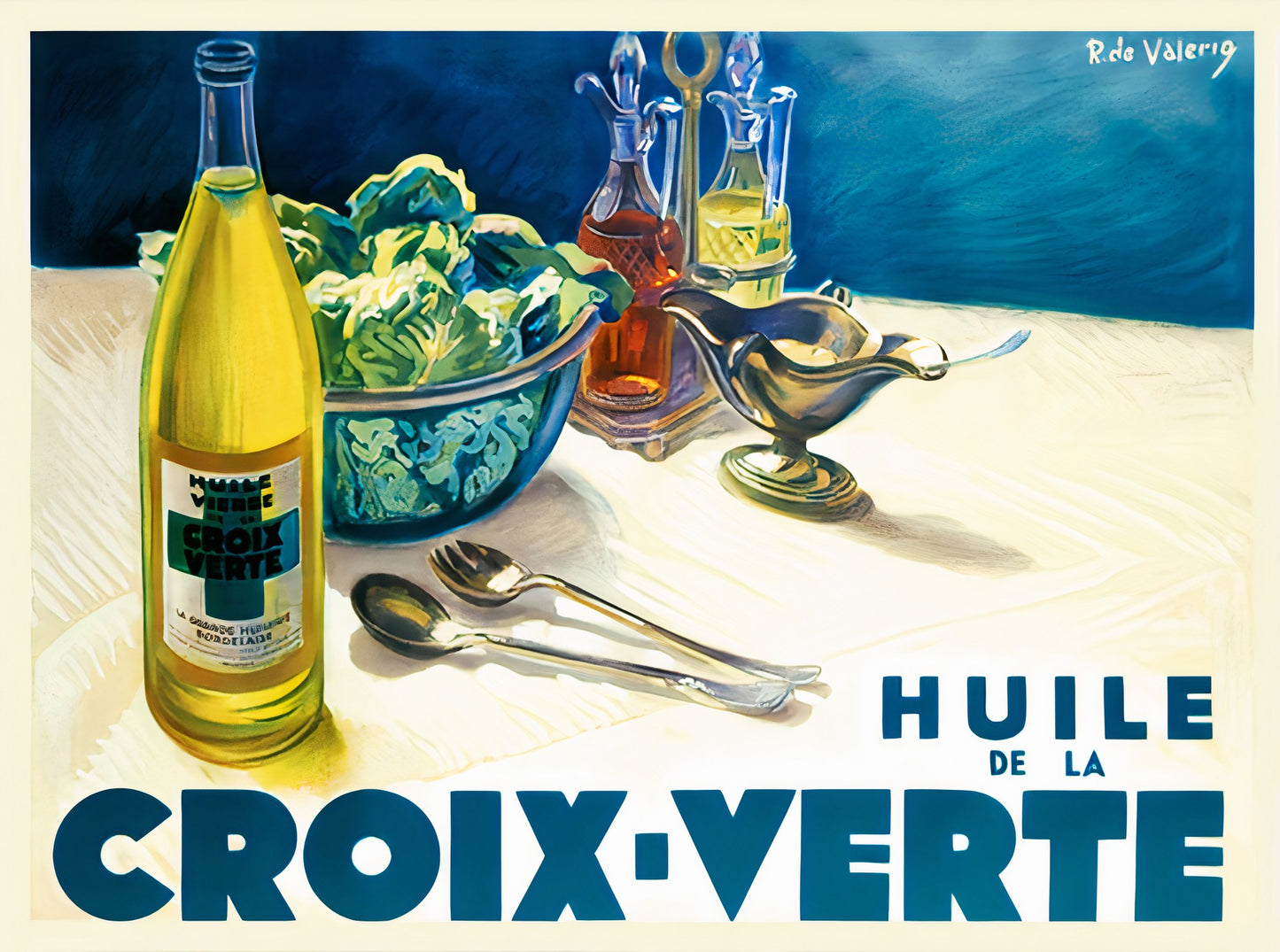1932 French olive oil poster showing golden bottle, fresh lettuce bowl, elegant cruets, blue background, Roger de Valerio