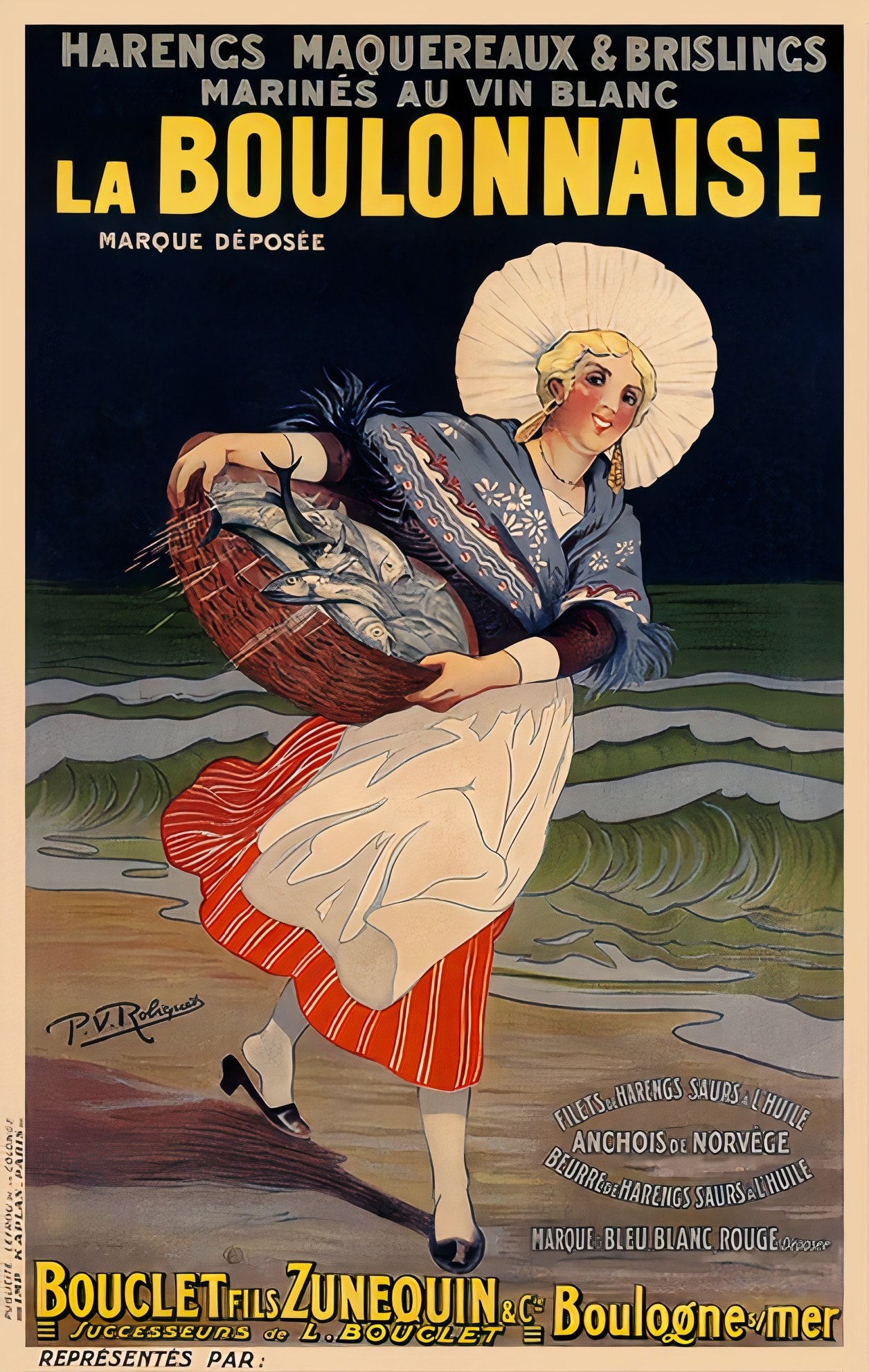 1912 French food poster showing fisherwoman with basket by ocean shore, blue and orange palette, Leonetto Cappiello