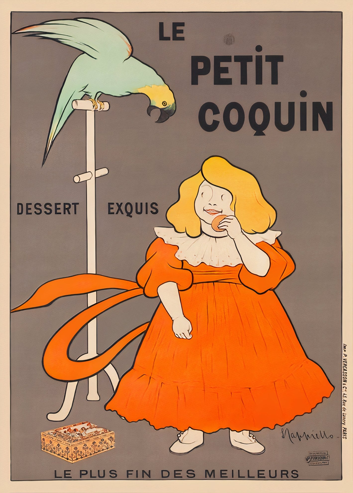 1900 French food poster showing girl in orange dress eating cookie with green parrot, Leonetto Cappiello