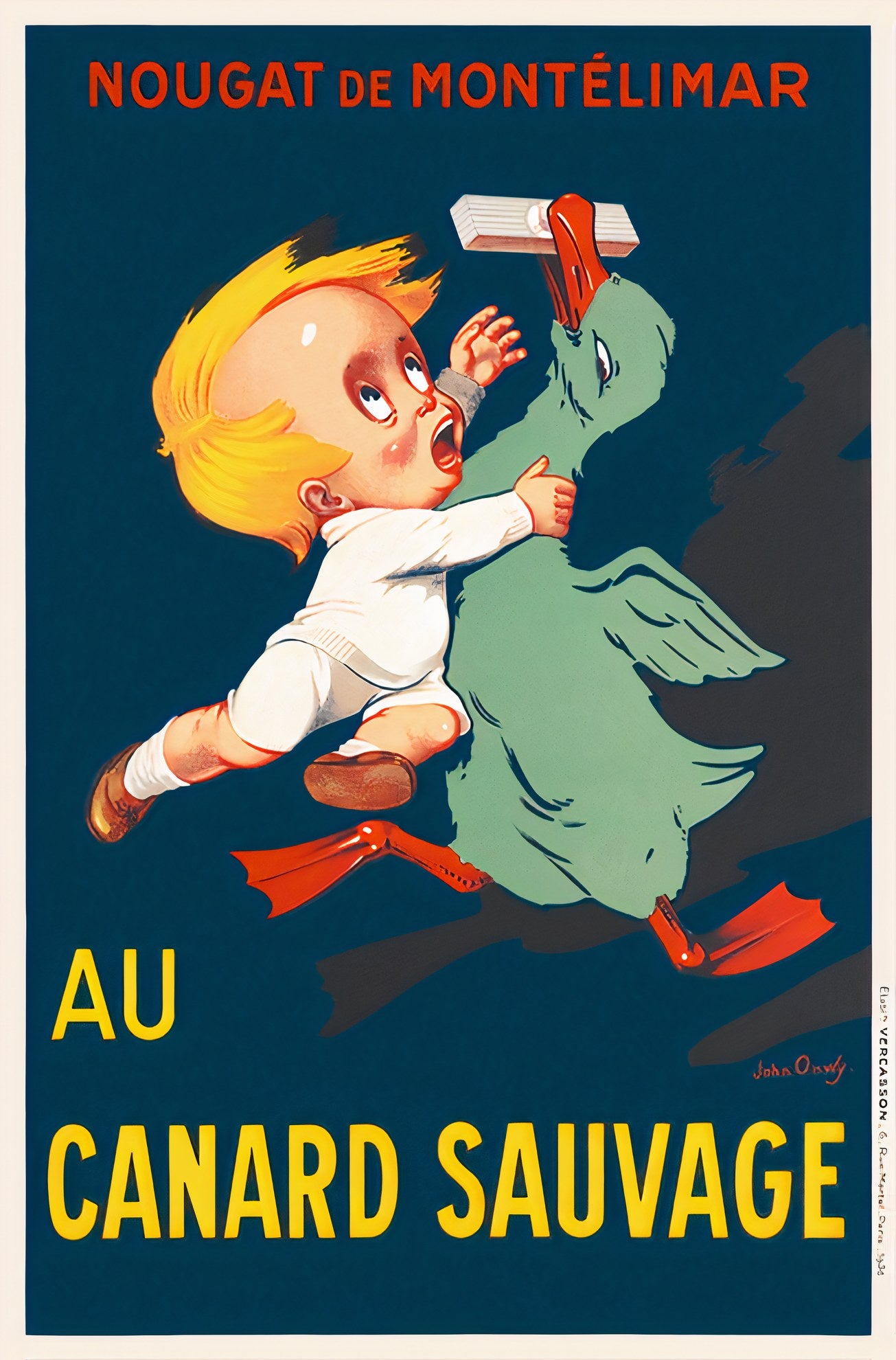 1930s French nougat poster showing child chasing green duck holding candy, teal blue background, John Onwy