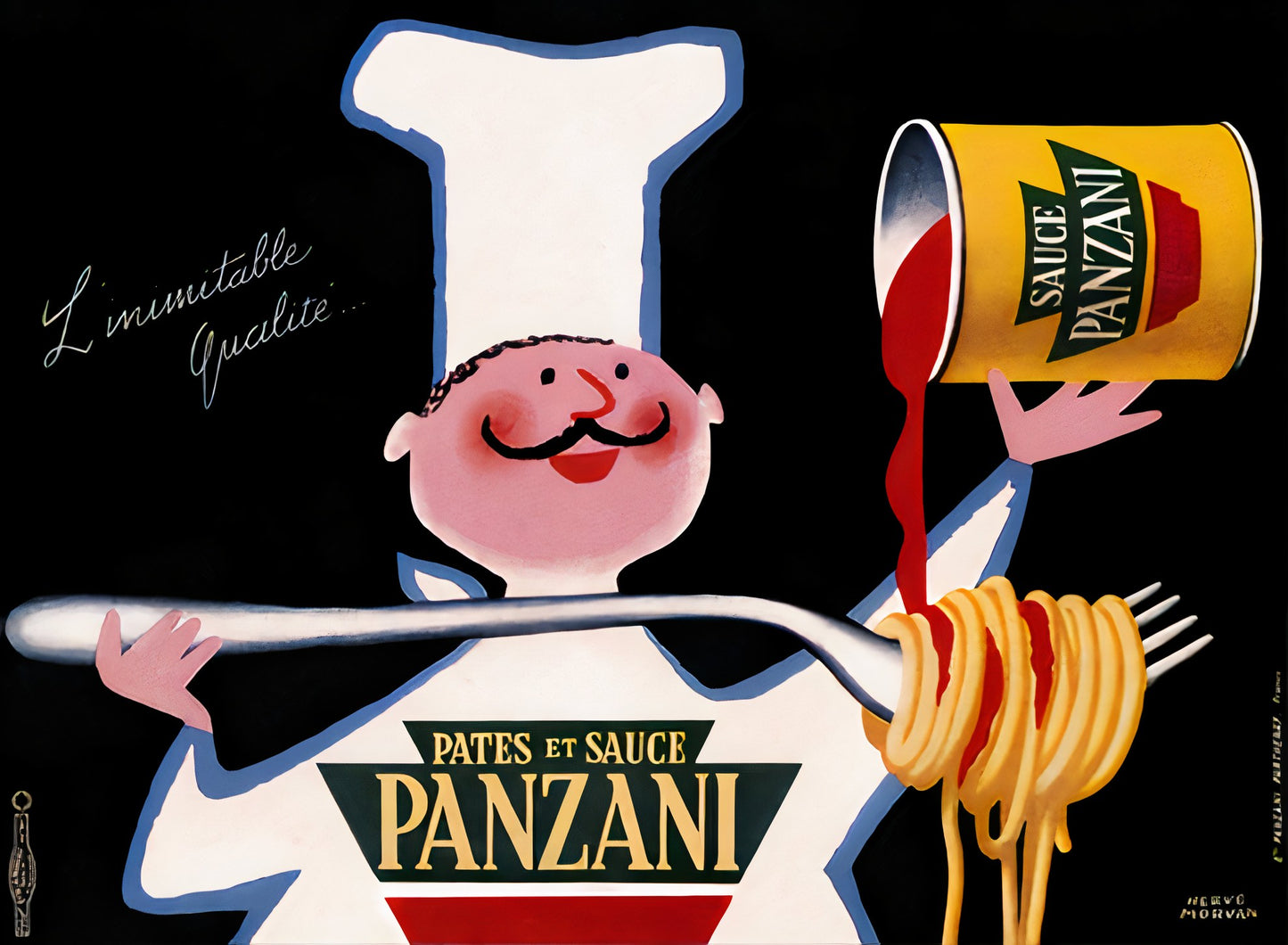 1950 Panzani pasta poster showing chef with fork twirling spaghetti, red sauce, yellow can, black background, Herve Morvan