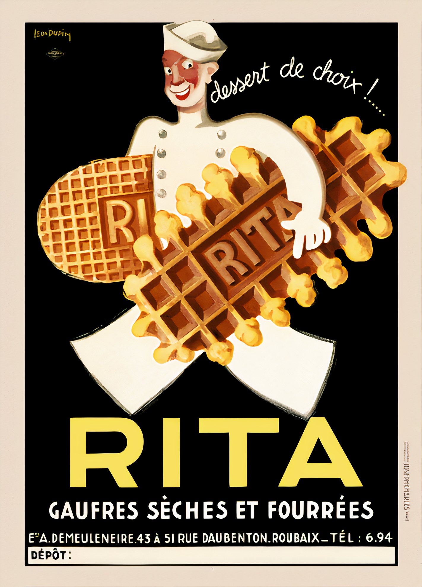 1933 French food poster showing chef carrying golden waffles, black background, Leon Dupin Art Deco design